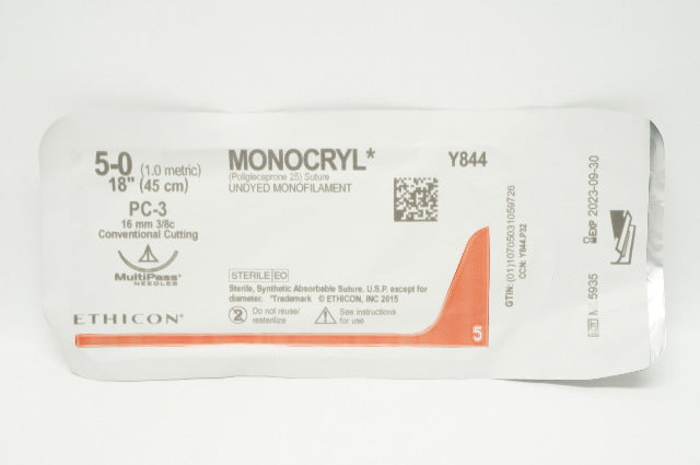Ethicon Y844 5-0 MONOCRYL Stre PC-3 16mm 3/8c Conventional Cutting, 18inch