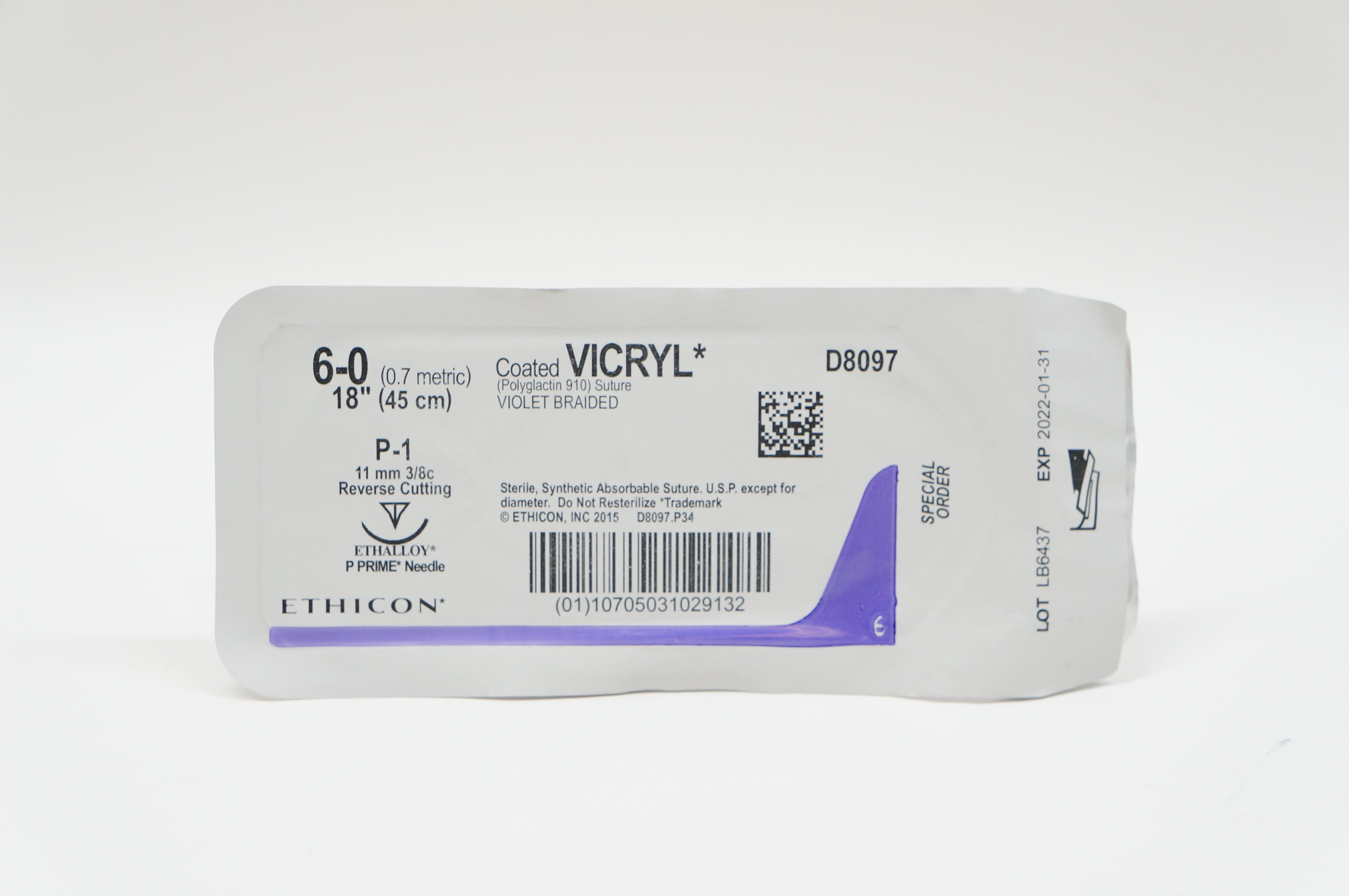 Ethicon D8097 6-0 VICRYL, P-1, 11mm 3/8c Reverse Cutting, 18inch