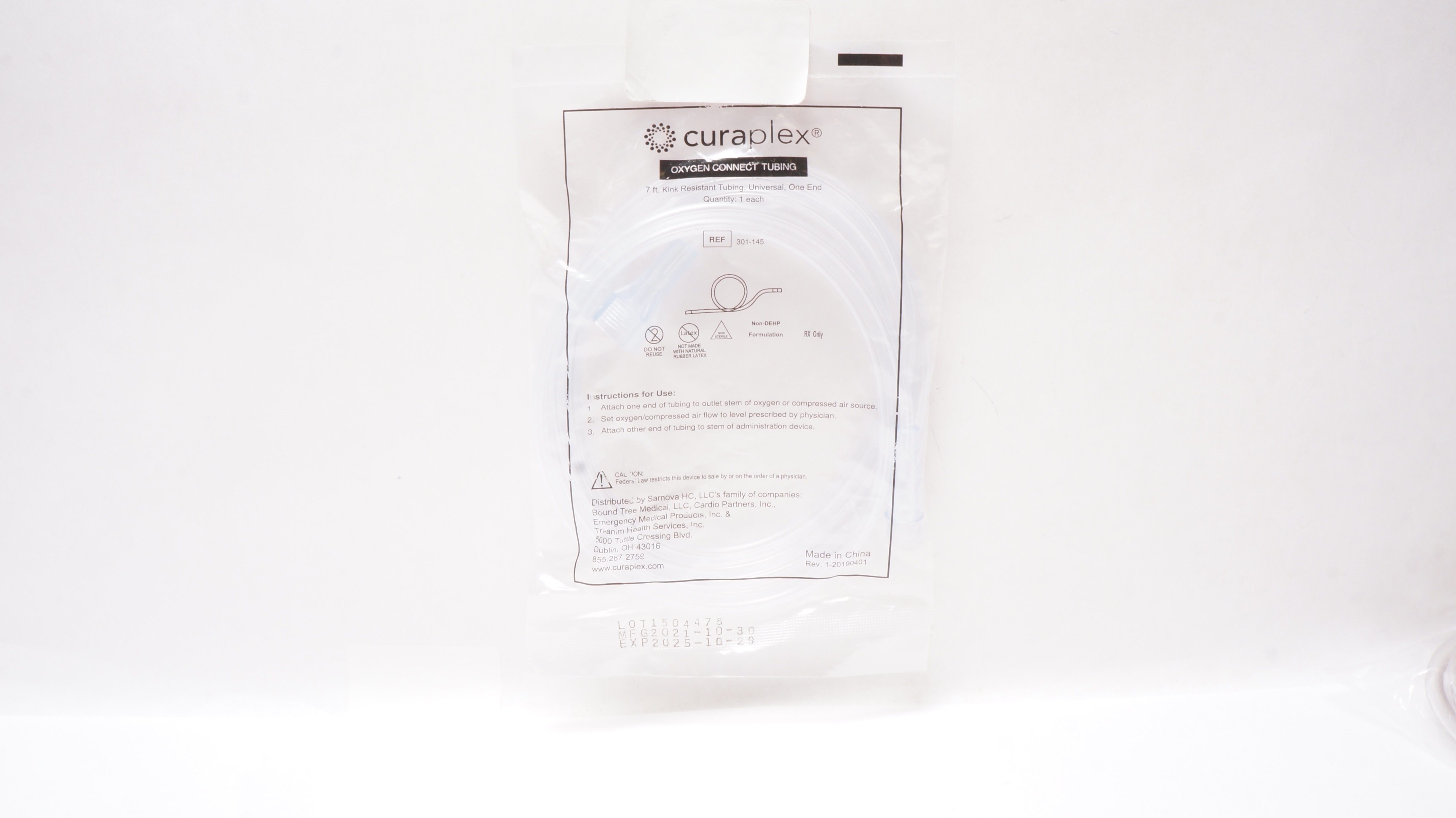 Curaplex 301-145 Oxygen Connect Tubing 7ft. Kink Resistant Universal One End