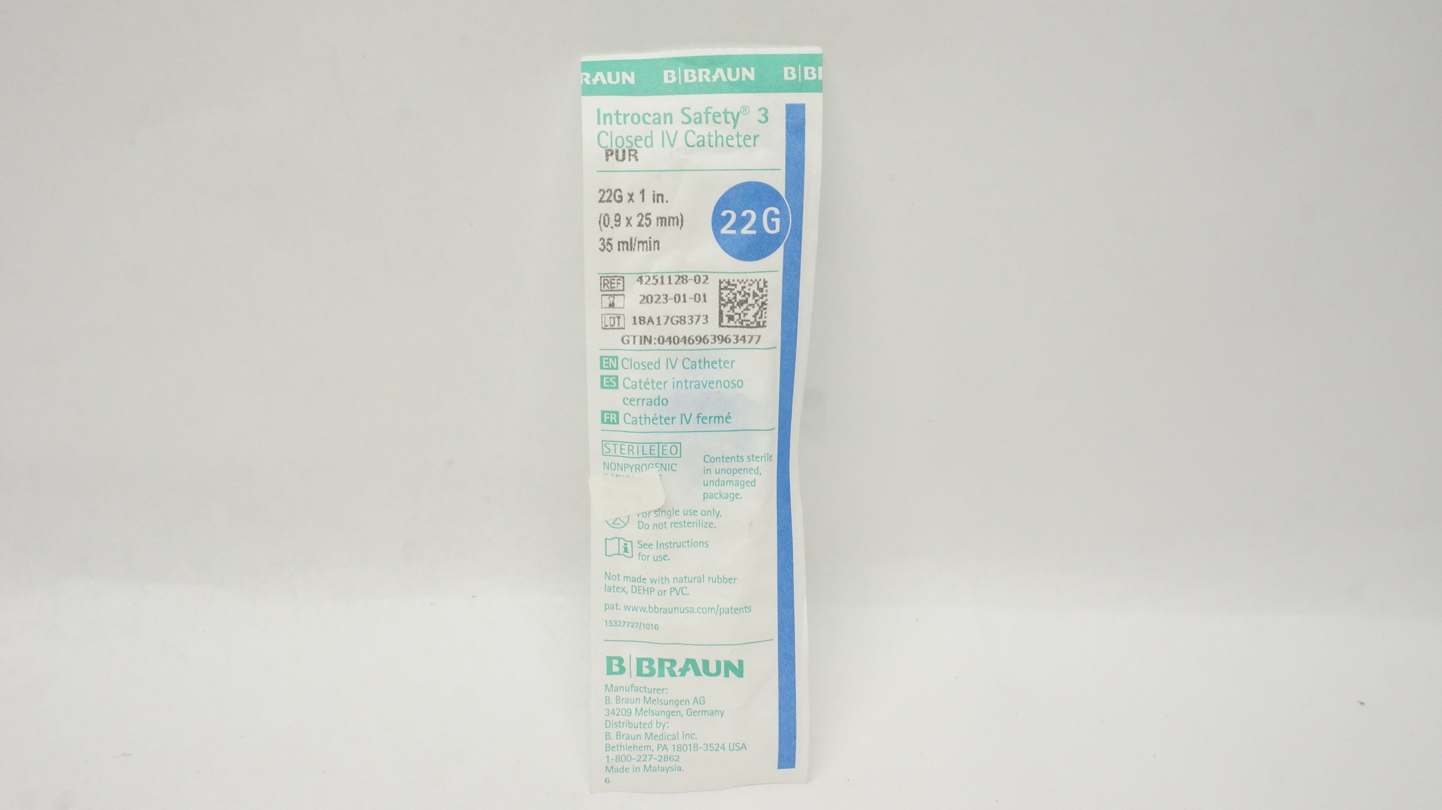 B.Braun 4251128-02 Introcan Safety 3 Closed IV Cath. 22G x 1inch x 35ml/min