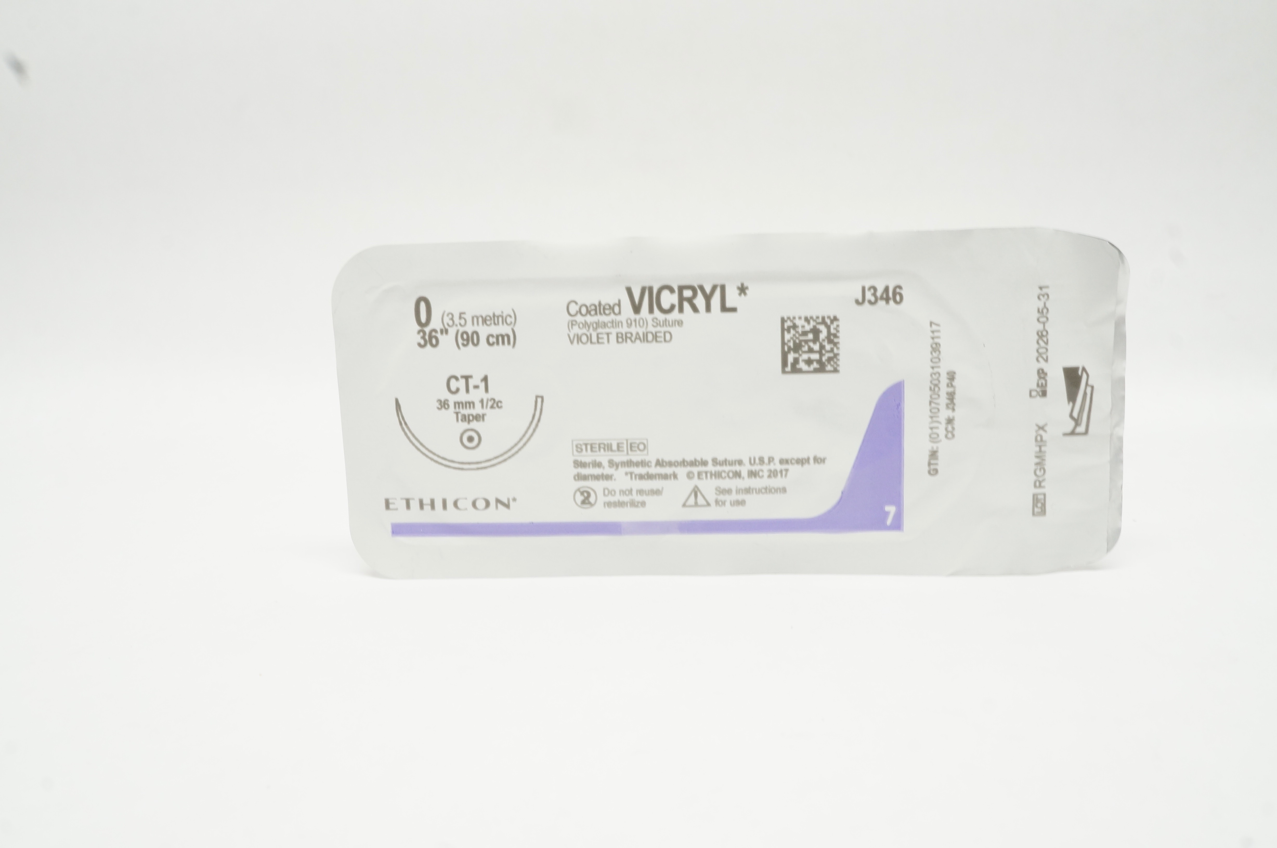 Ethicon J346 0 Coated VICRYL Stre Violet Braided CT-1 36mm 1/2c Taper 36 inch