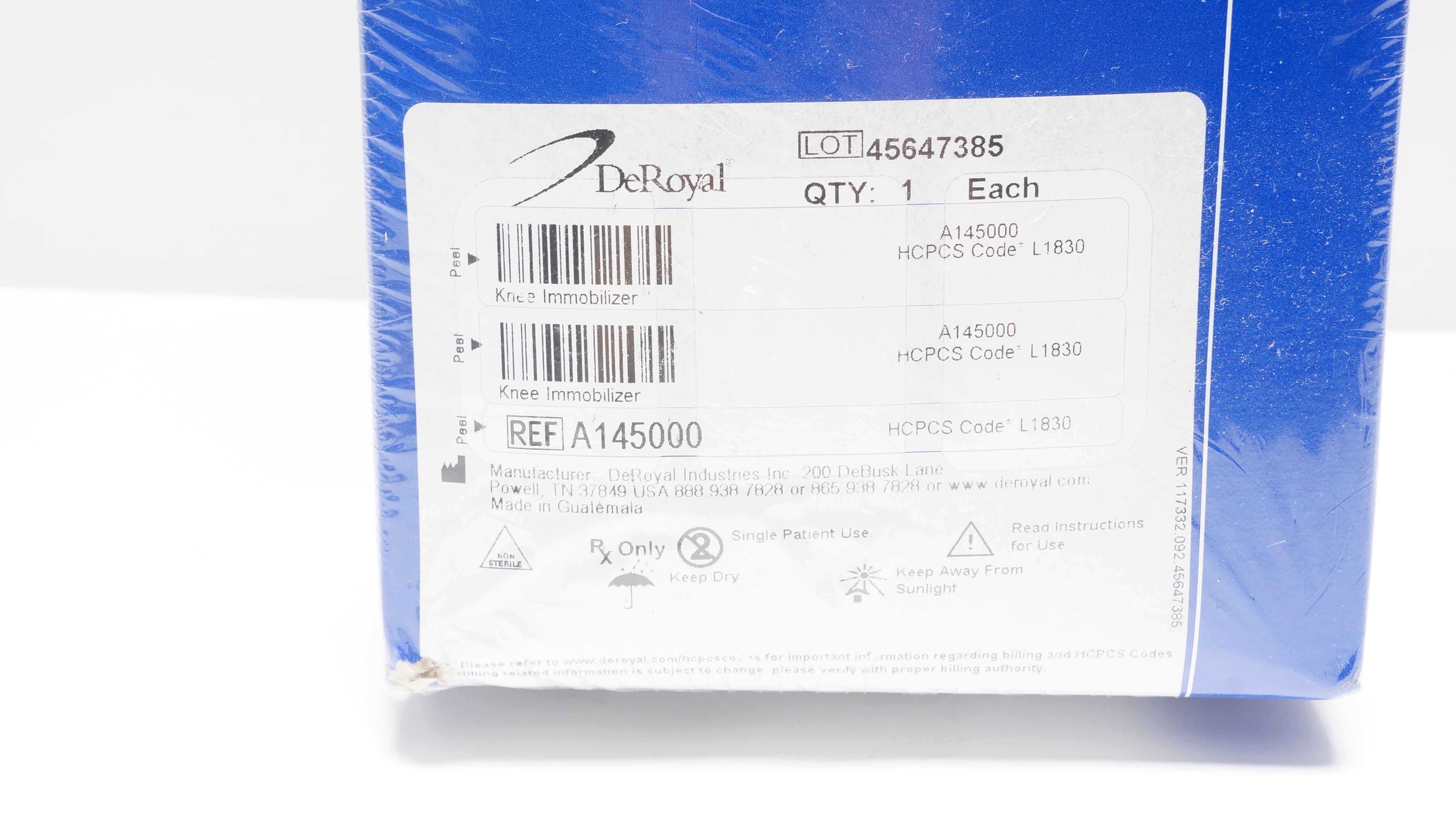 DeRoyal A145000 Knee Immobilizer Tri-Panel Universal 24inch