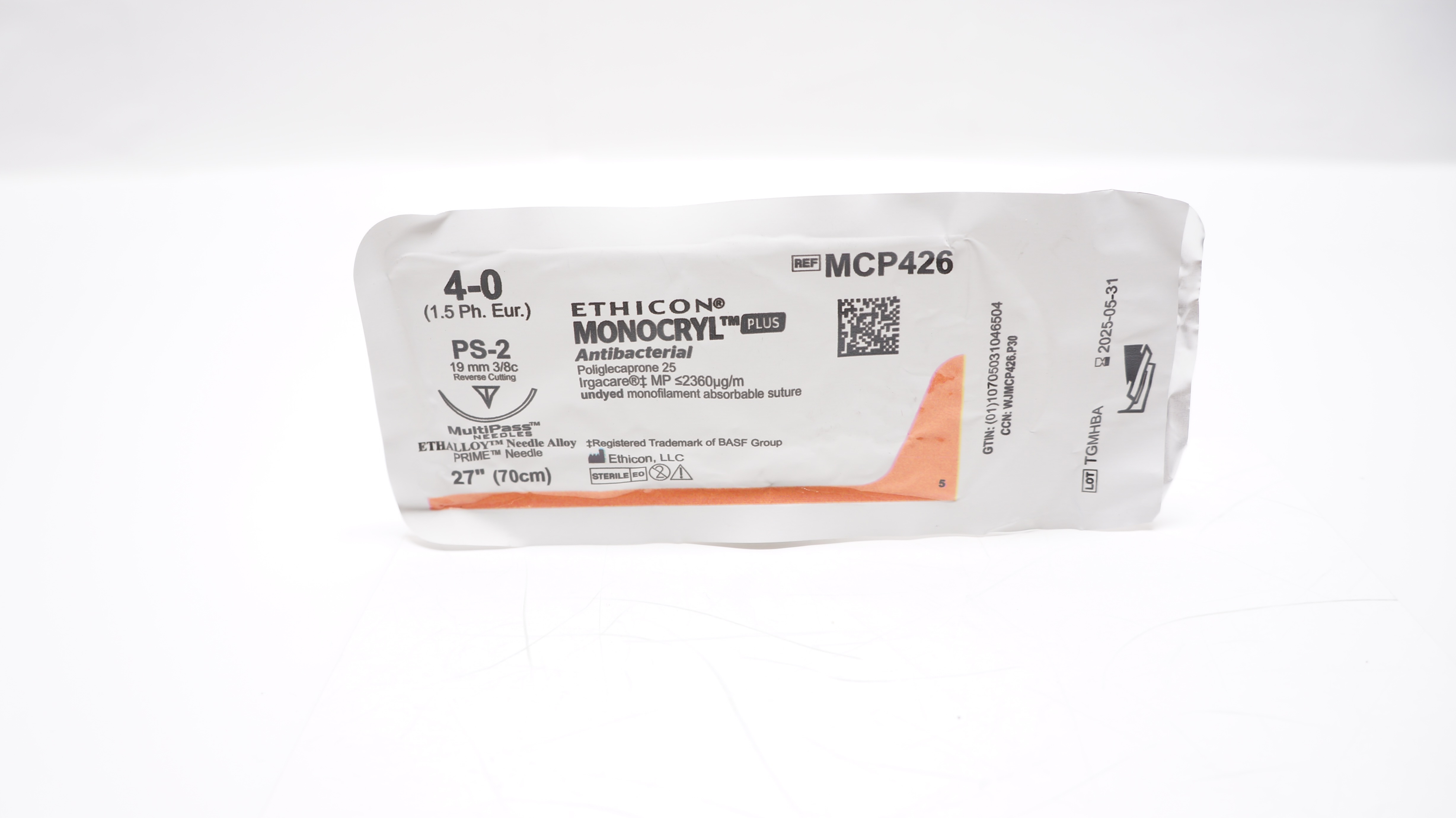 Ethicon MCP426 4-0 MONOCRYL Plus, PS-2,  19mm 3/8c Reverse Cutting,  27inch