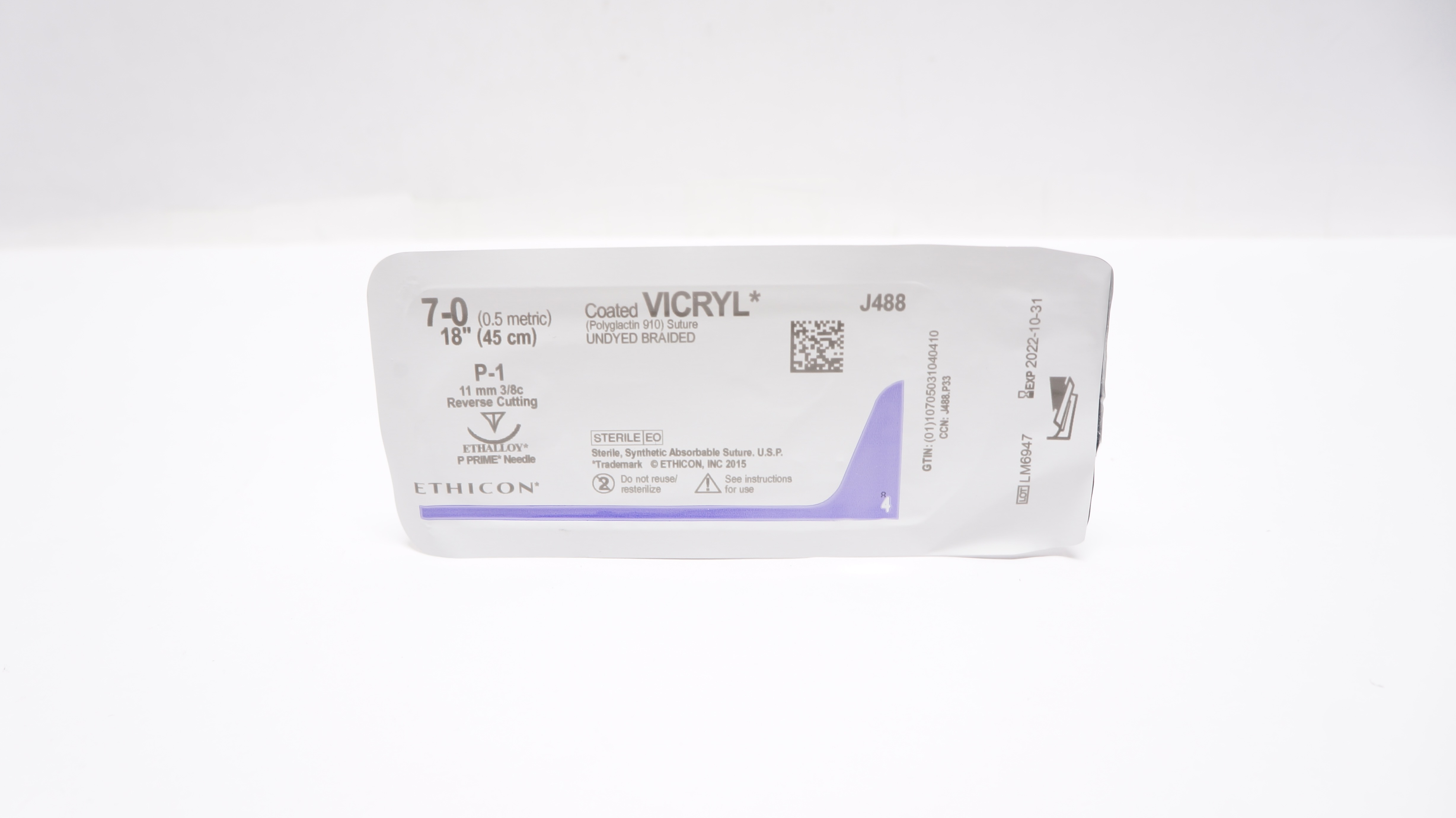 Ethicon J488 7-0 VICRYL, P-1, 11mm 3/8c Reverse Cutting, 18inch (x)