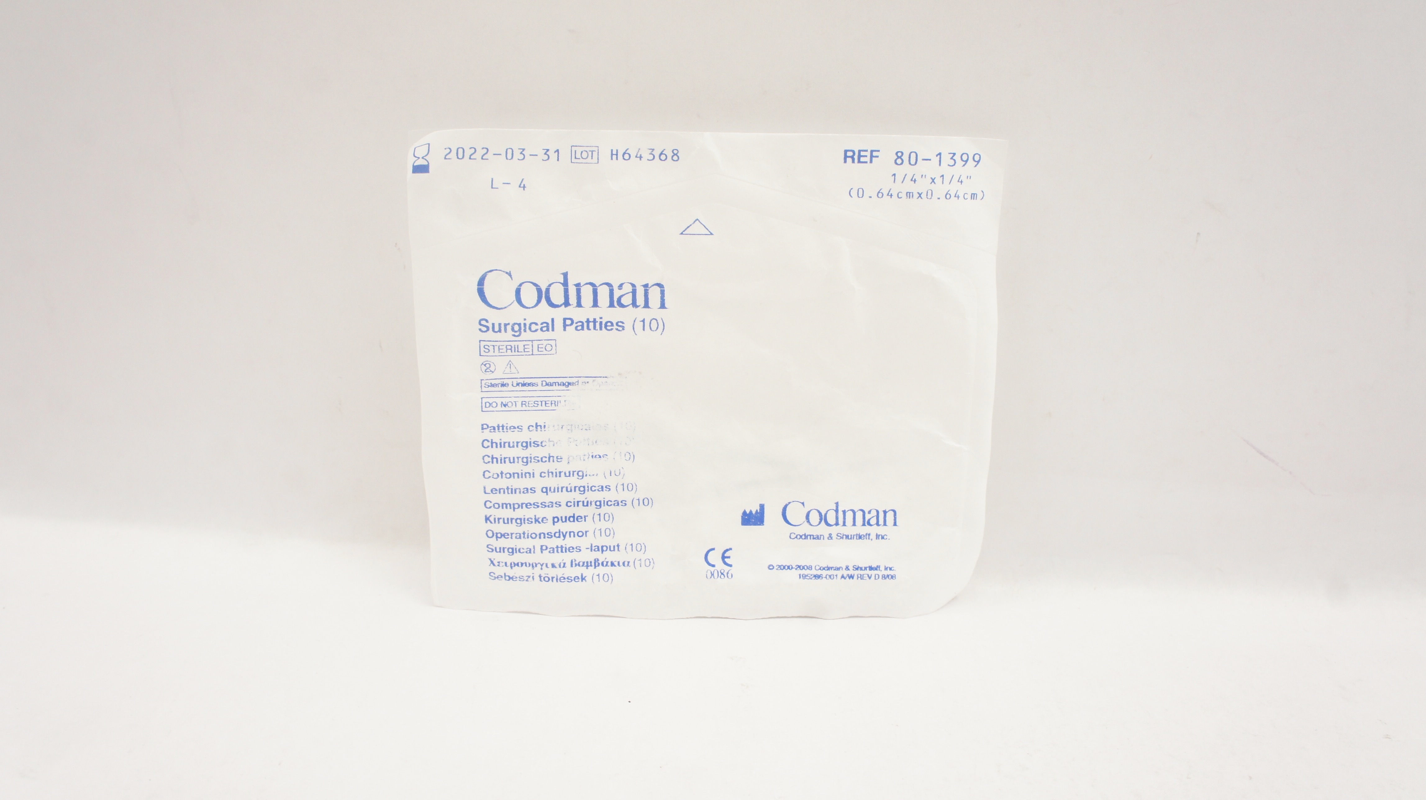 Codman 80-1399 Surgical Patties 1/4inch x 1/4inch (x) - Pack of 10