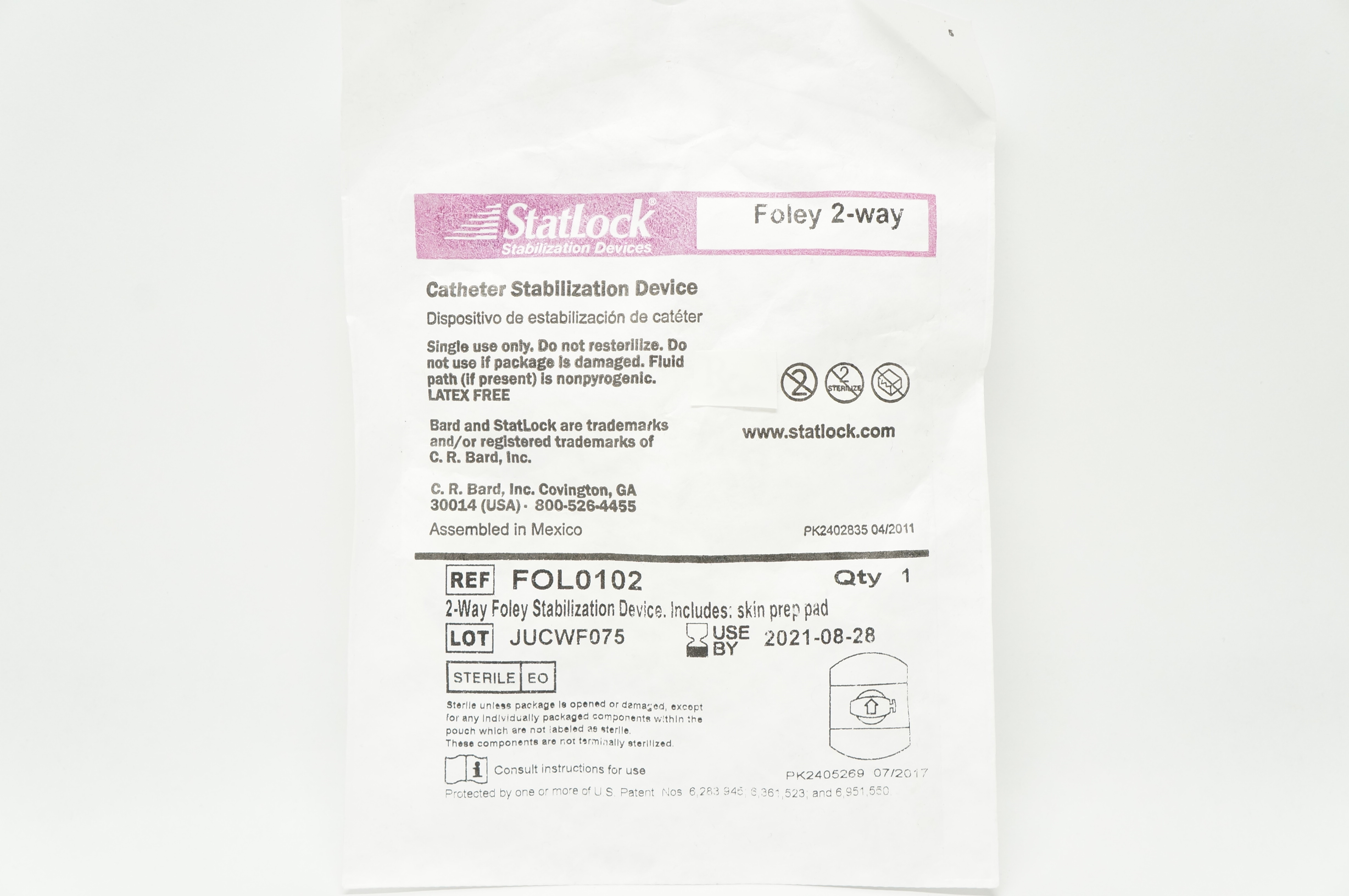 Bard FOL0102 StatLock Cath. Stabilization Device Foley 2-way (x)