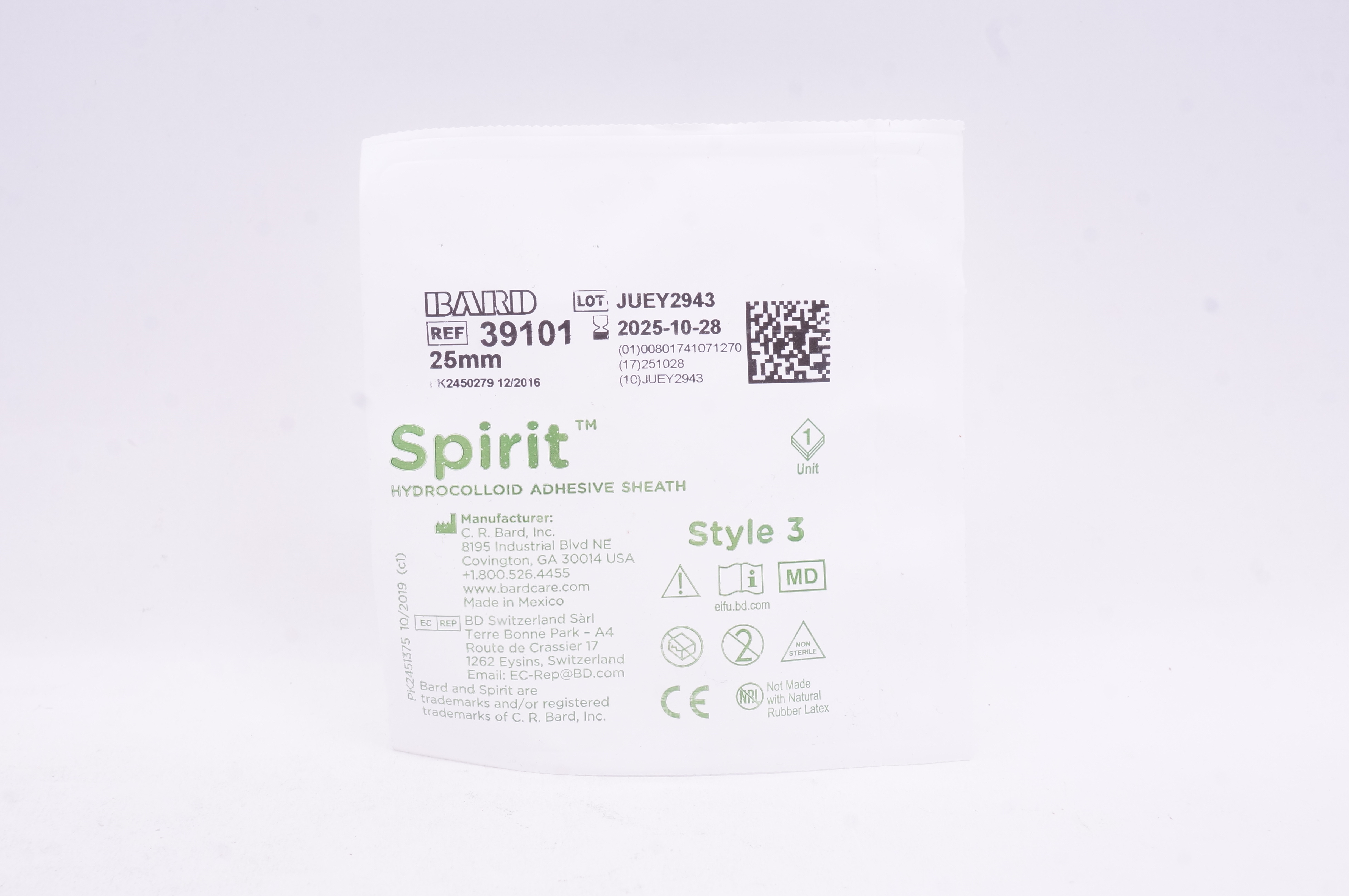 Bard 39101 Spirit Hydrocolloid Adhesive Sheath Style 3 25mm