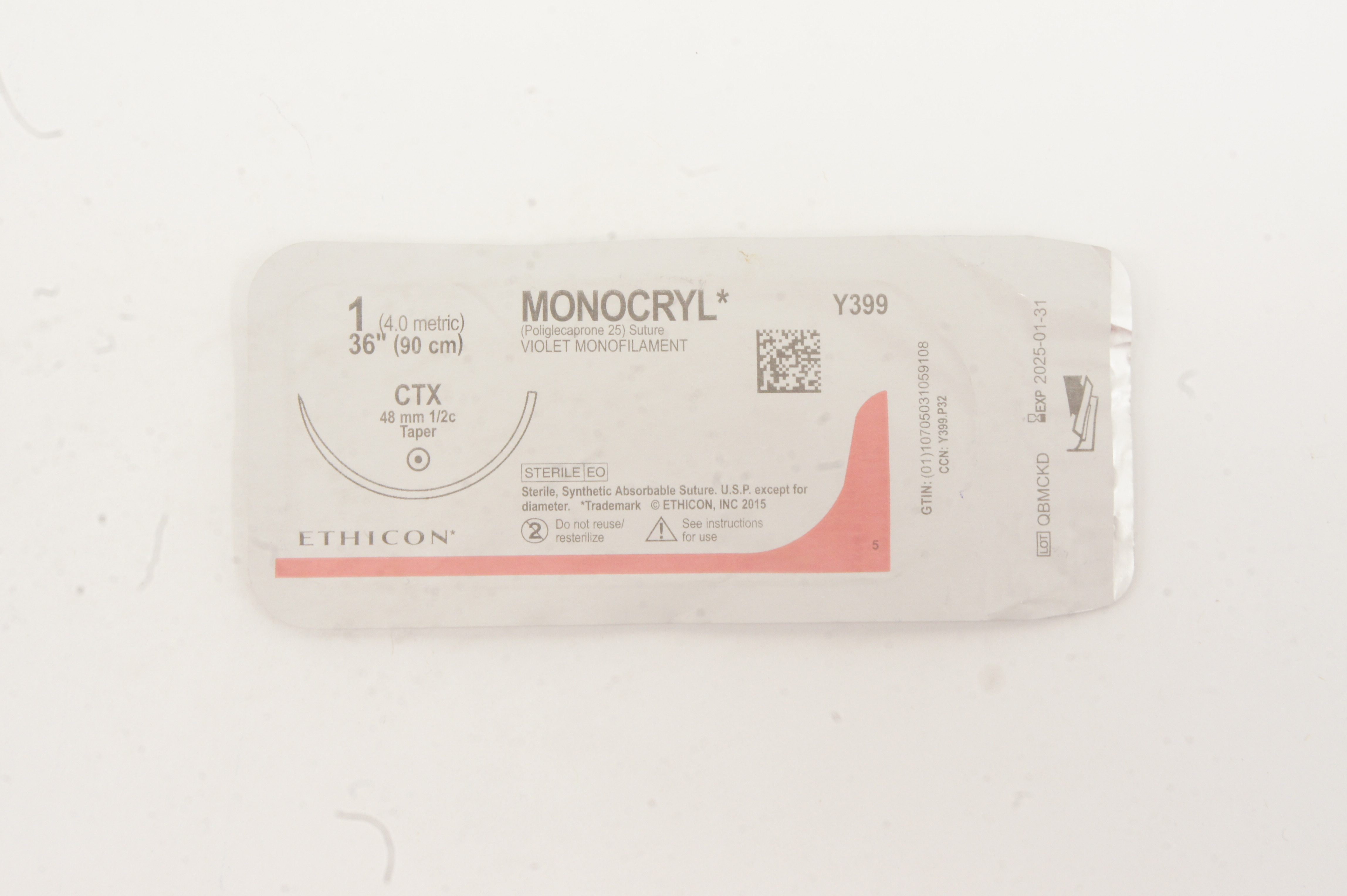 Ethicon Y399 1 MONOCRYL, CTX, 48mm 1/2c Taper, 36inch