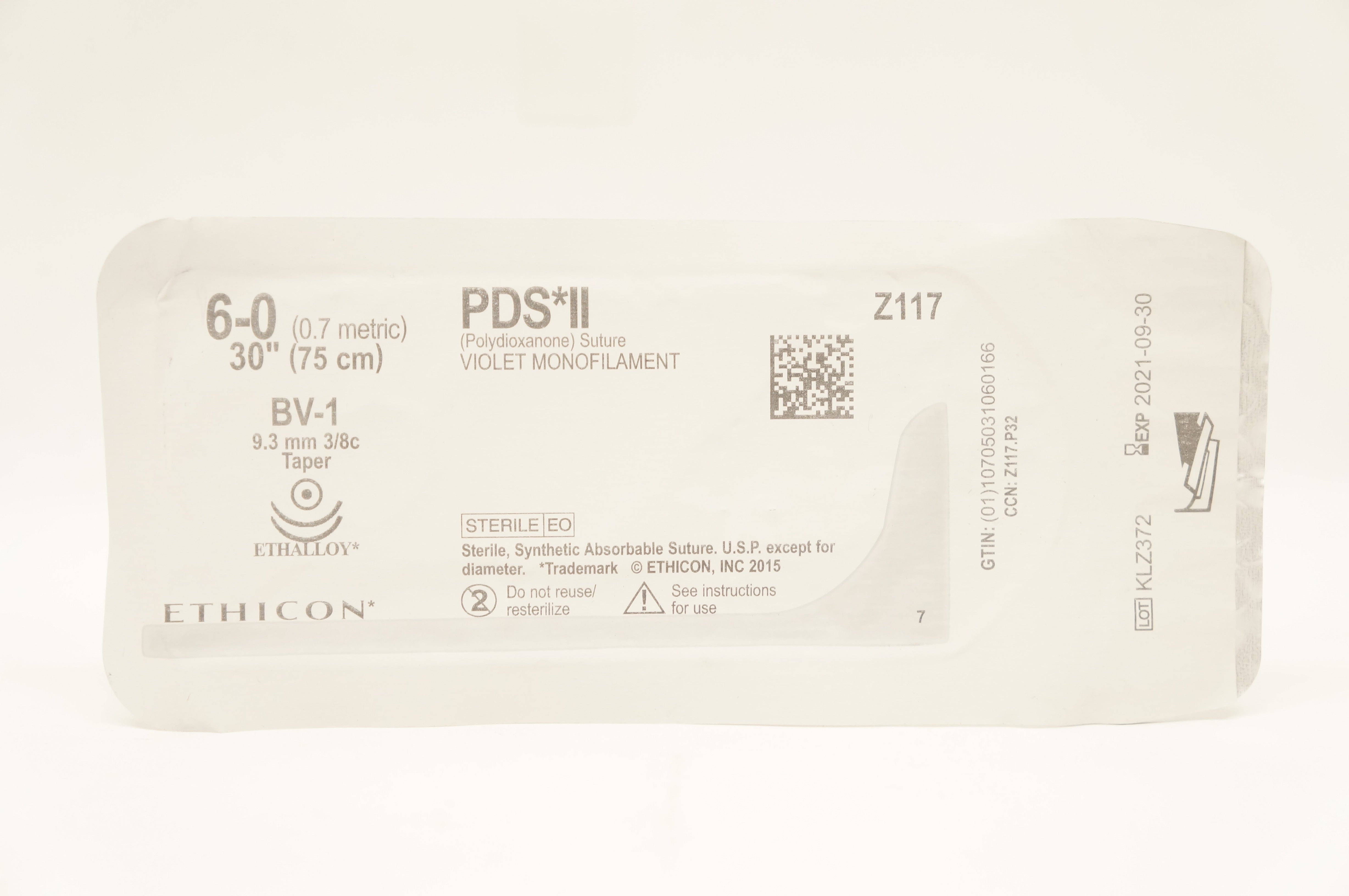 Ethicon Z117 6-0 PDS II, Polydioxanone Stre, BV-1, 9.3mm 3/8c Taper, 30inch (x)