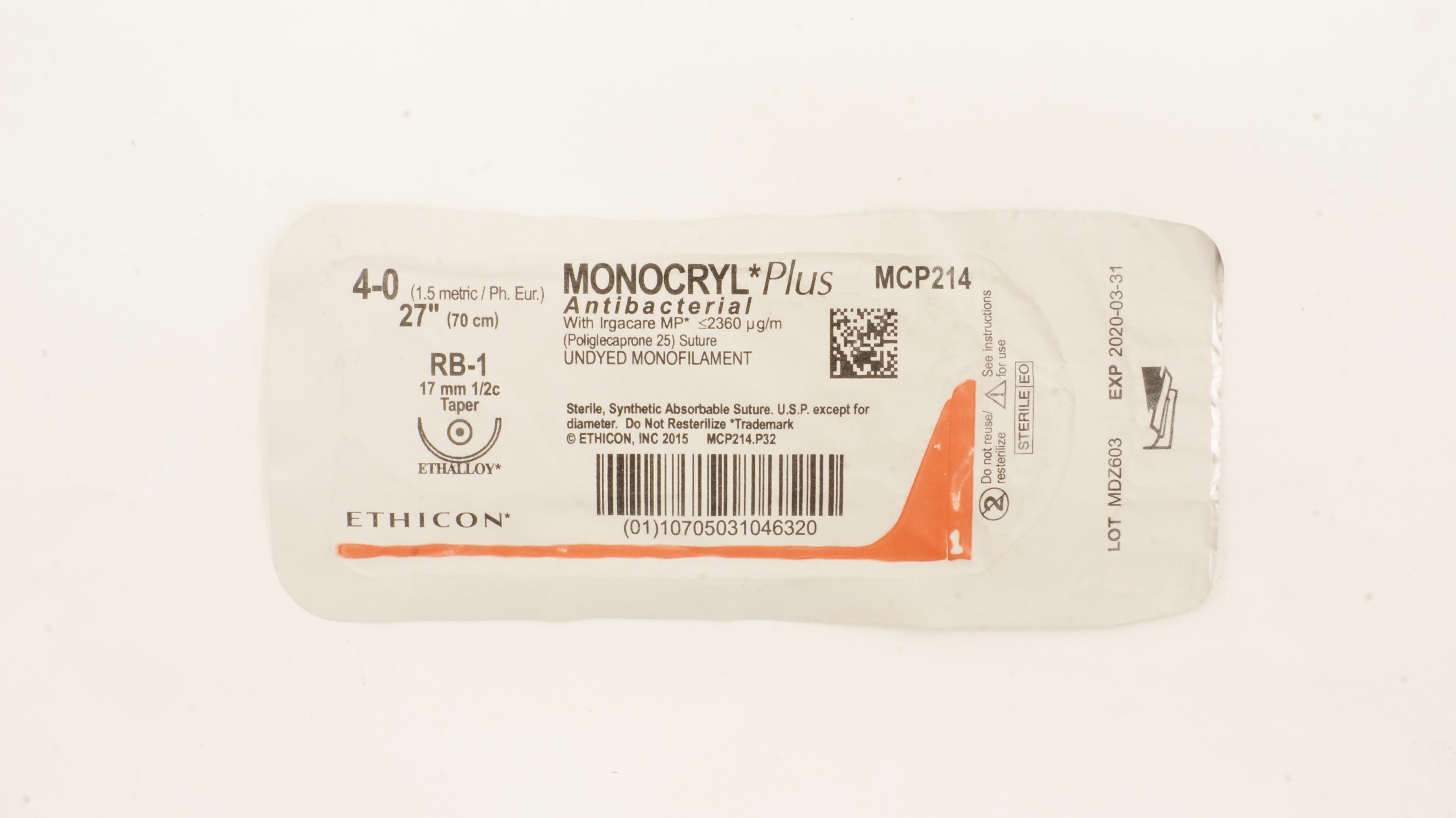 Ethicon MCP214 4-0 Monocryl Plus Stre RB-1 17mm 1/2c Taper 27inch (x)