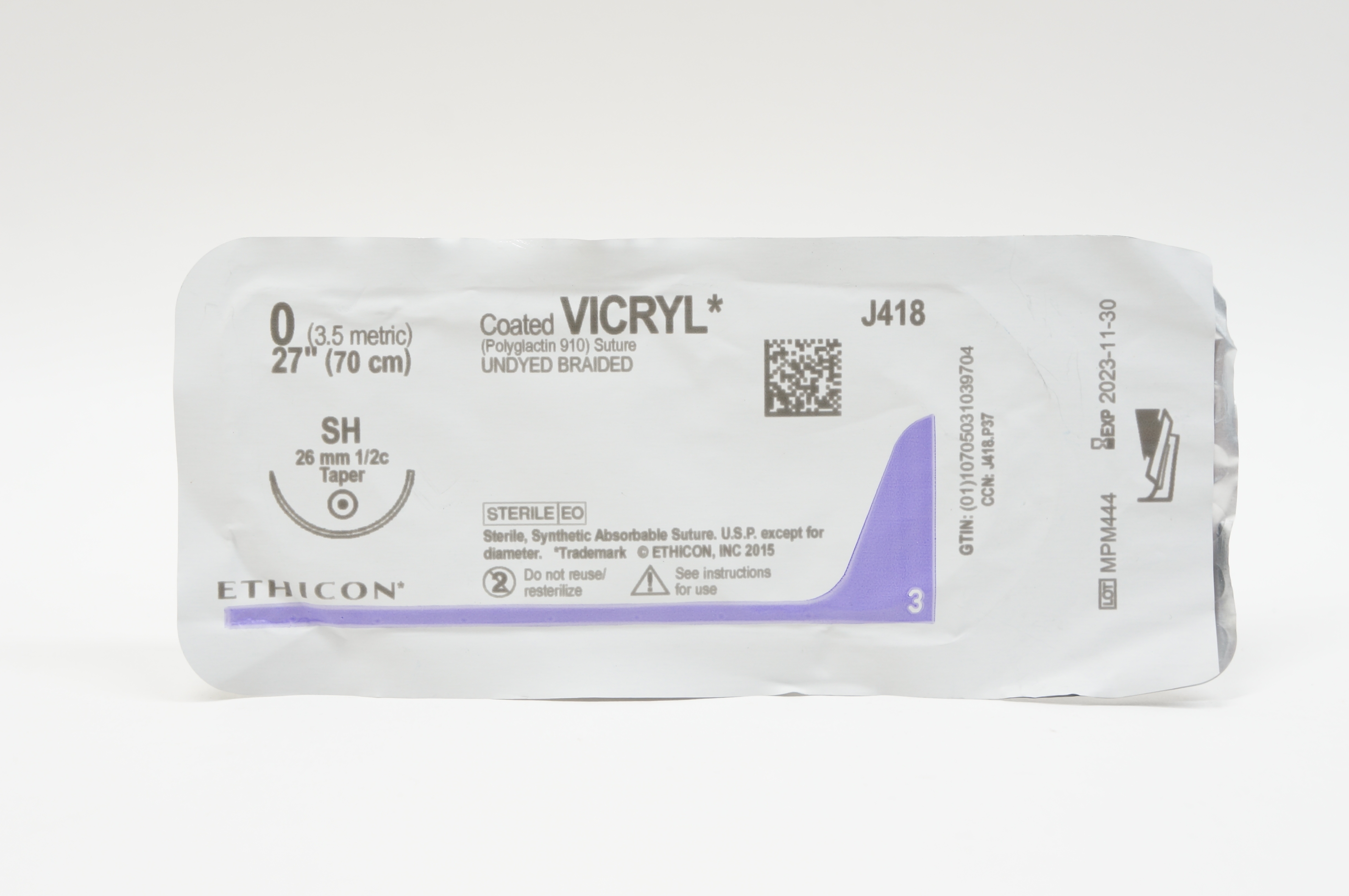 Ethicon J418 0 VICRYL, SH, 26mm 1/2c Taper, 27inch