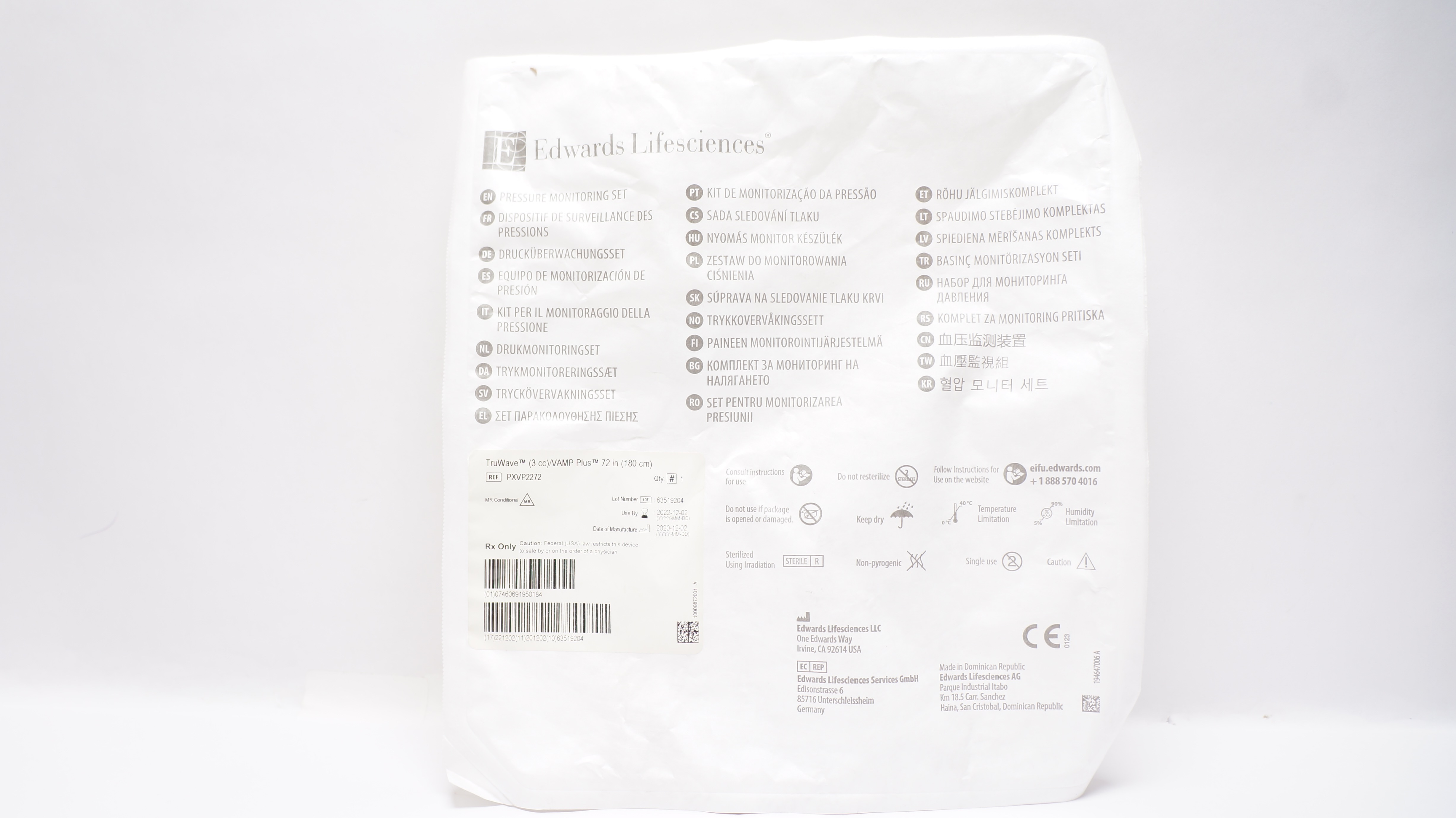 Edwards Lifesciences PXVP2272 Pressure Monitoring Set 3cc/VAMP Plus 72inch (x)