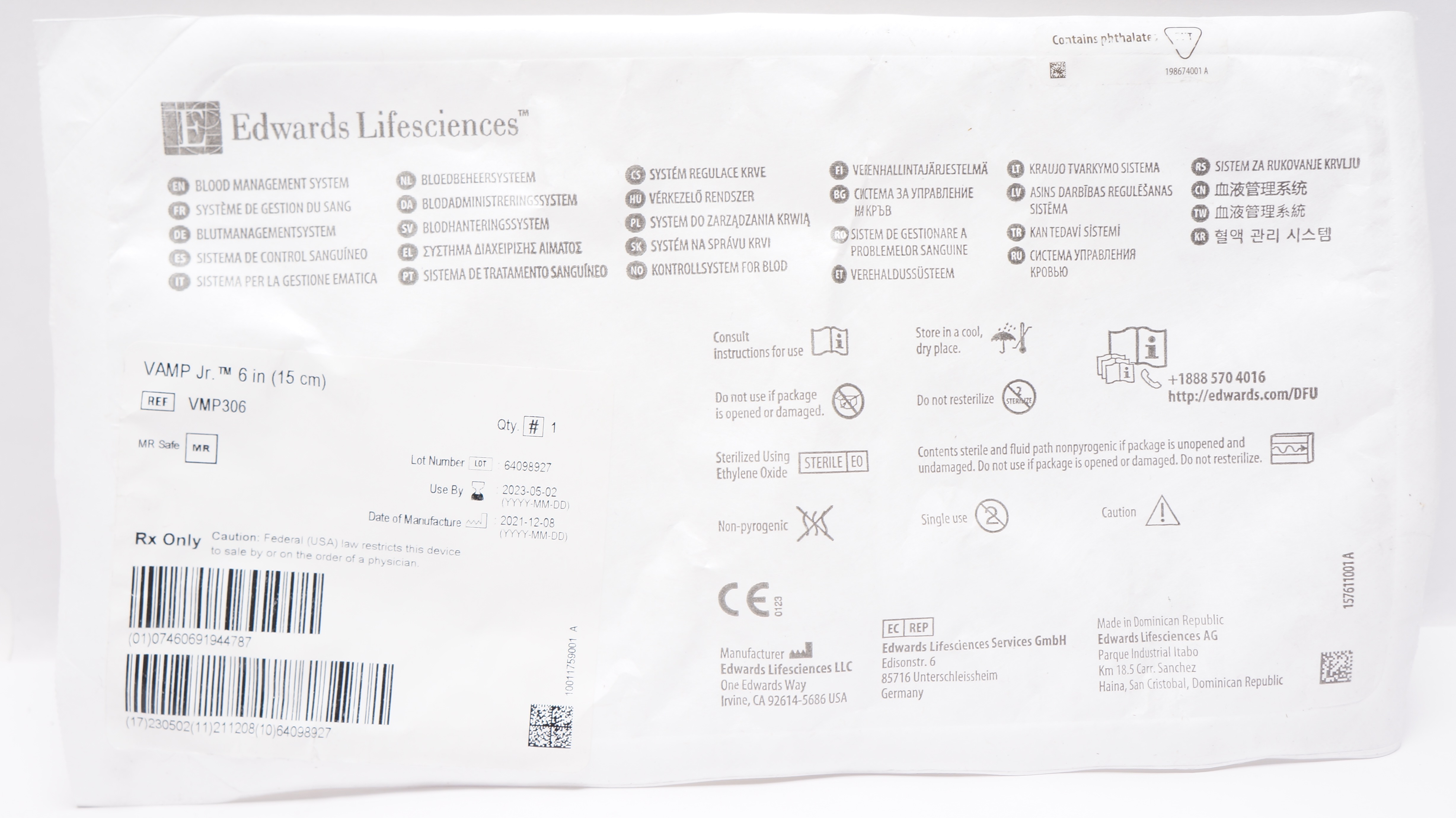 Edwards Lifesciences VMP306 VAMP Jr Blood Management System 6inch (x)
