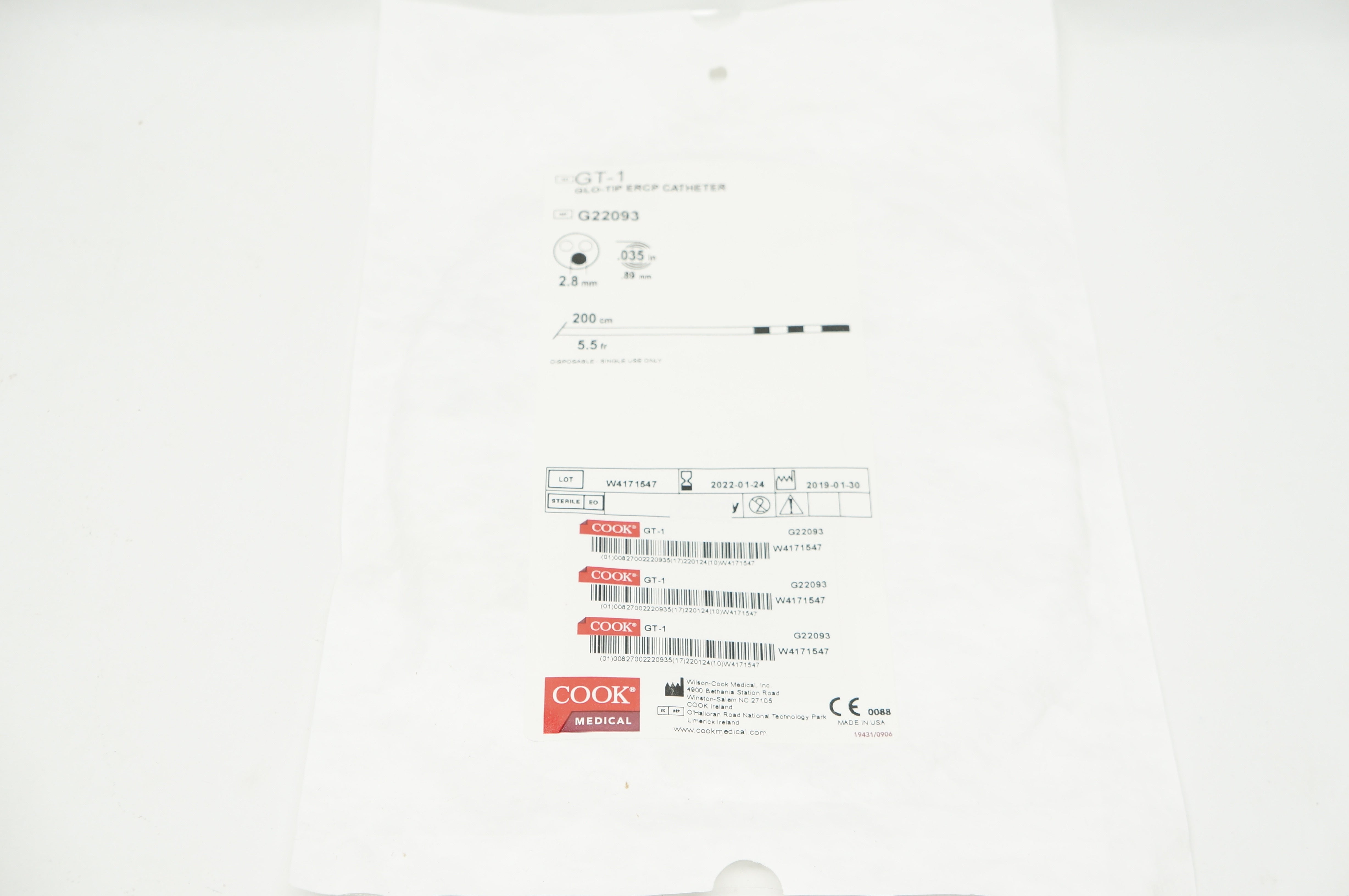 Cook Medical G22093 Glo-Tip ERCP Cath. 5.5 Fr x 200cm x 2.8mm x .035inch