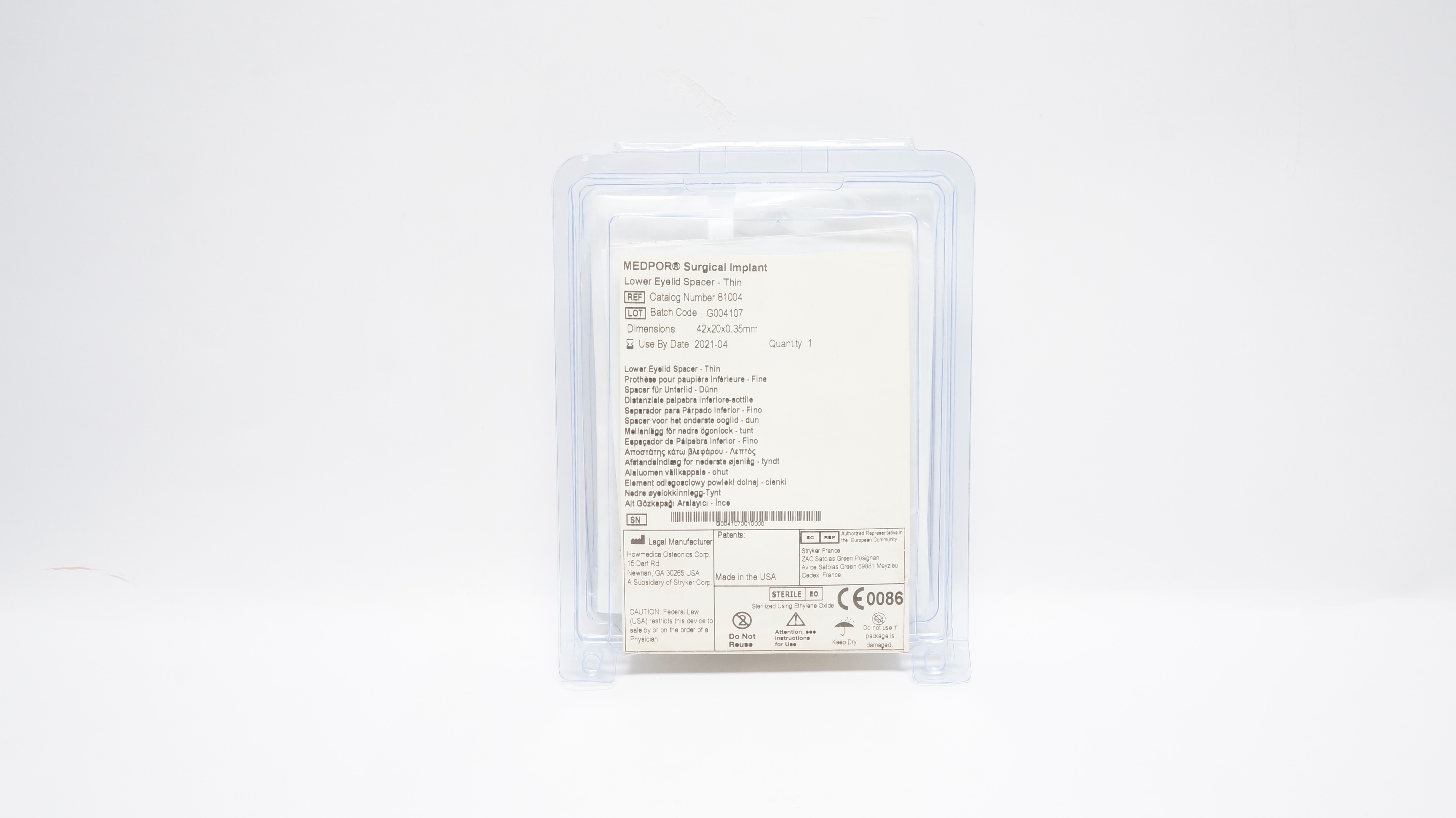 Howmedica 81004 Medpor Surgical Implant, Thin Lower Eyelid Spacer 42x20x0.35mm(x)