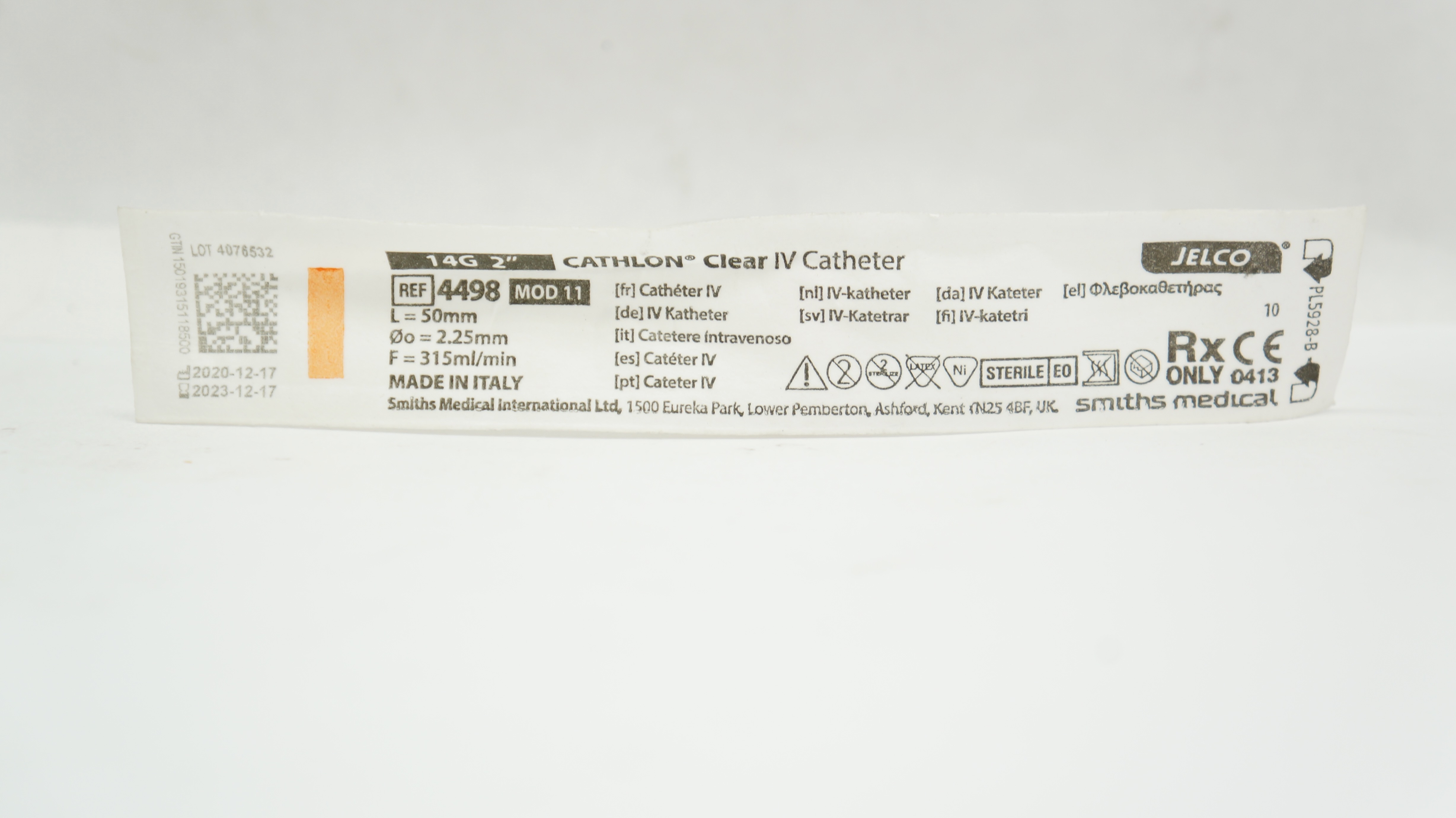 Smiths Medical 4498 Jelco Cathlon Clear IV Cath. 14G x 2inch