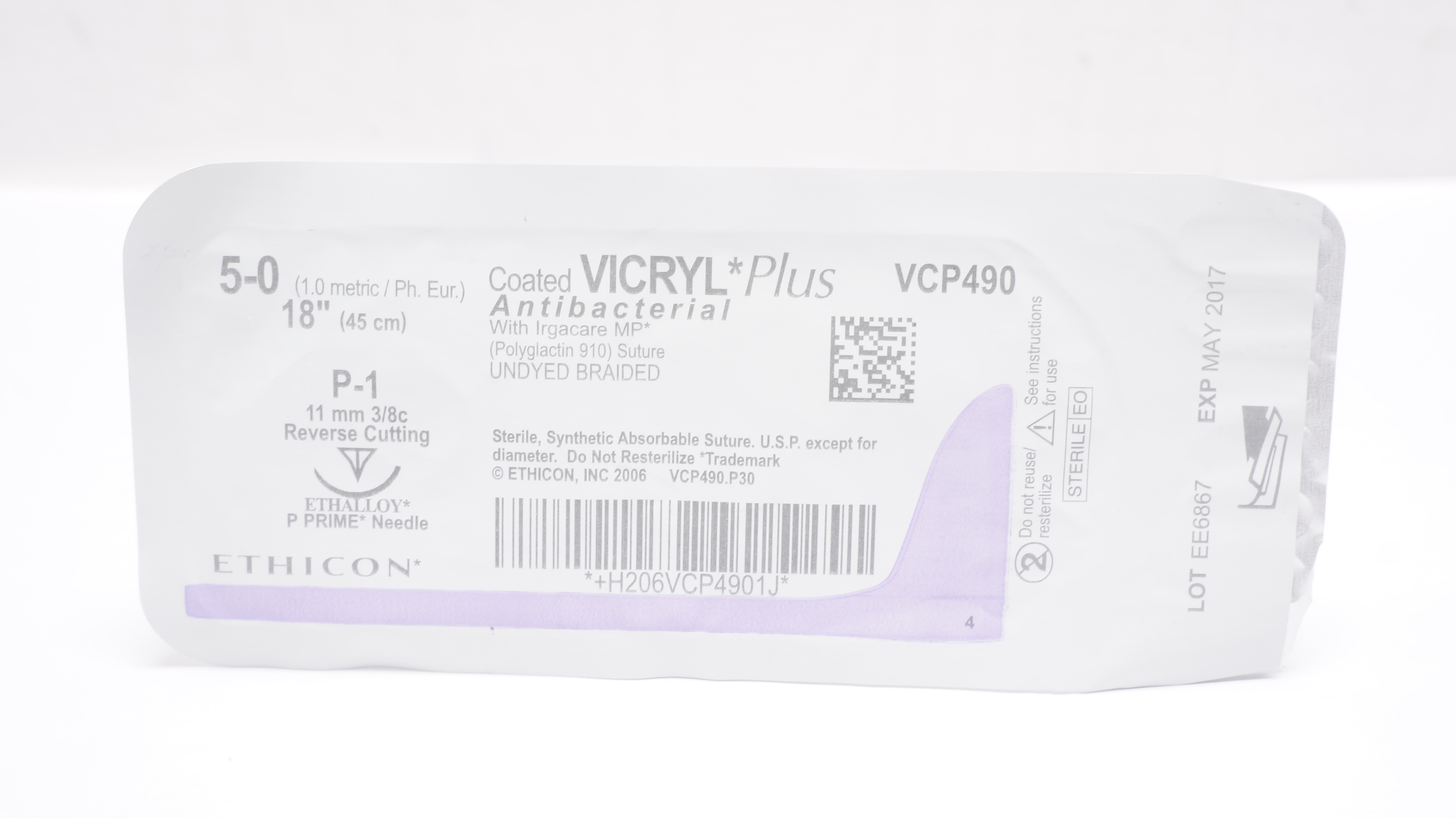 Ethicon VCP490 5-0 Coated VICRYL Stre P-1 11mm 3/8c Reverse Cutting, 18inch(x)