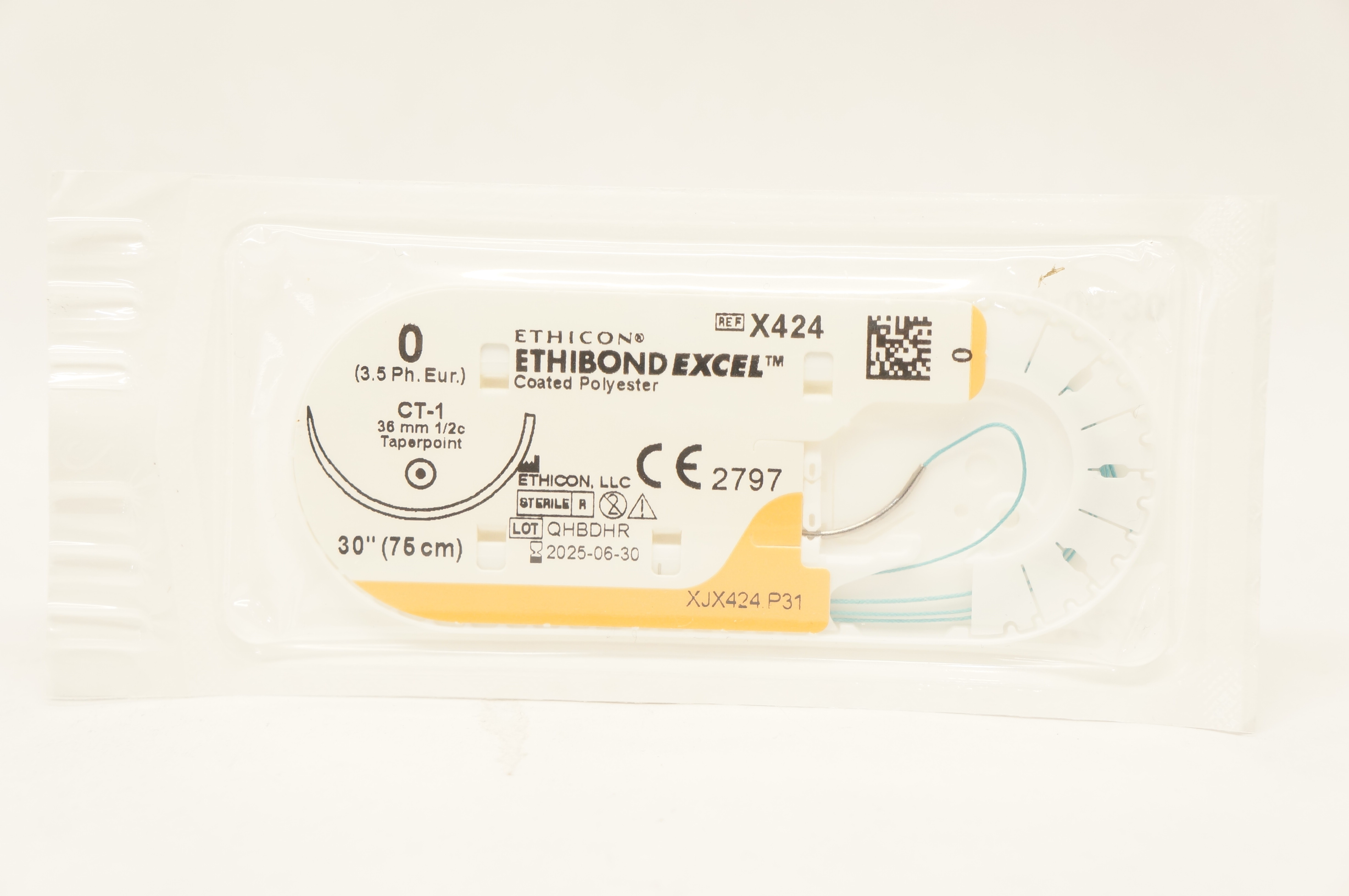 Ethicon X424 0 ETHIBOND EXCEL Coated Polyester CT-1 36mm 1/2c Taper, 30inch