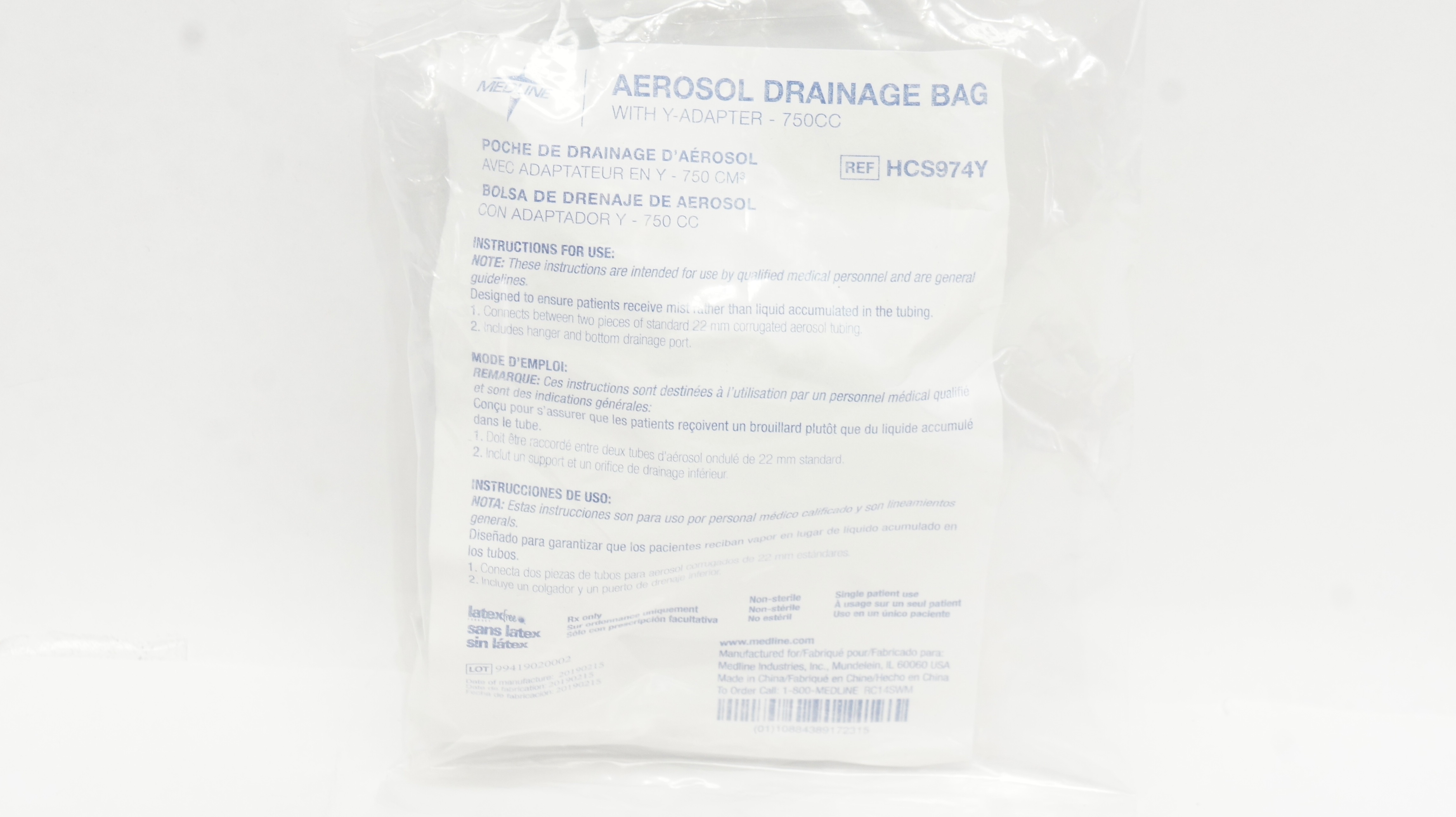 Medline HCS974Y Aerosol Drainage Bag with Y-Adapter -750CC