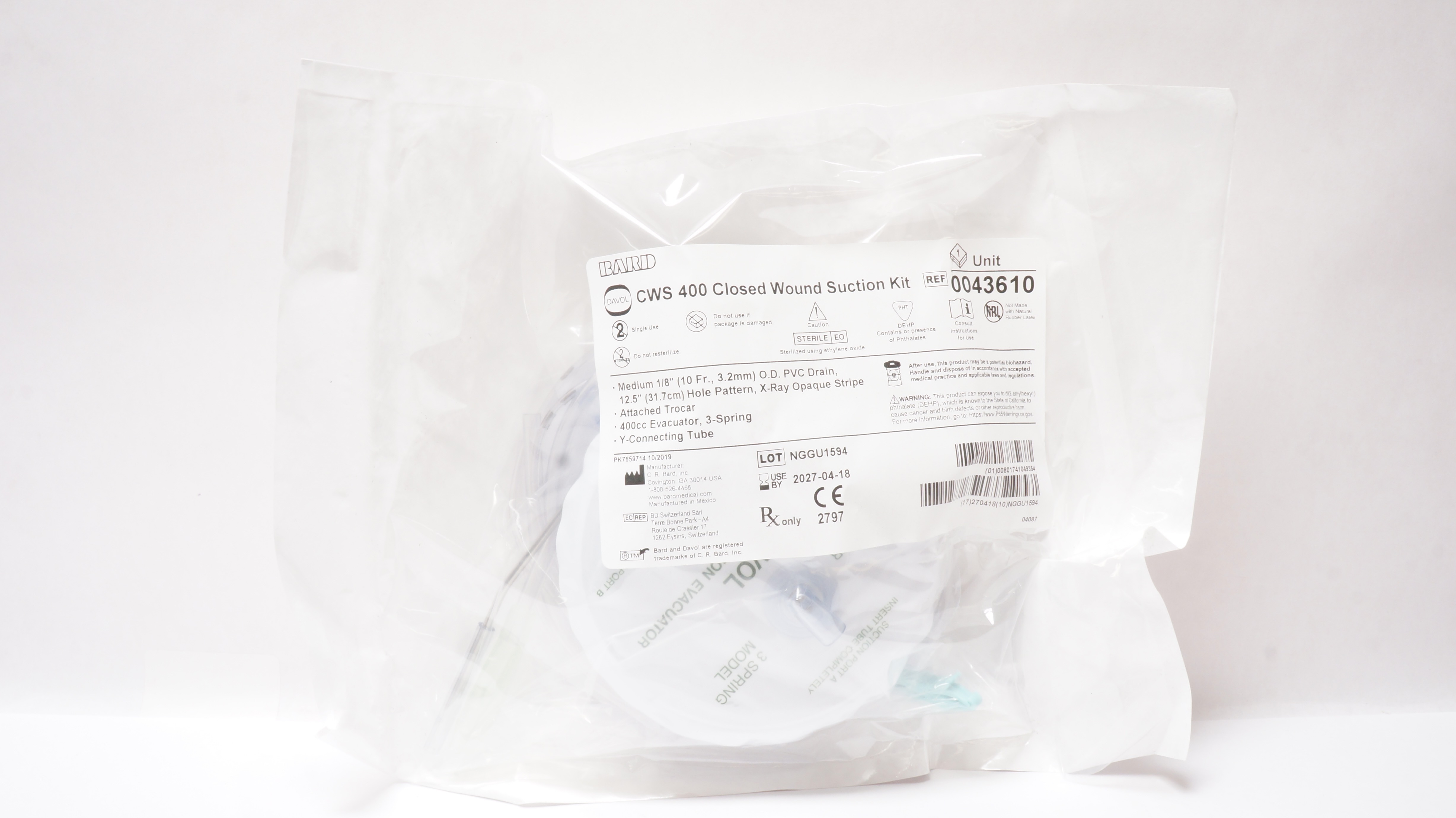 Bard 0043610 Davol CWS 400 Closed Wound Suction Kit