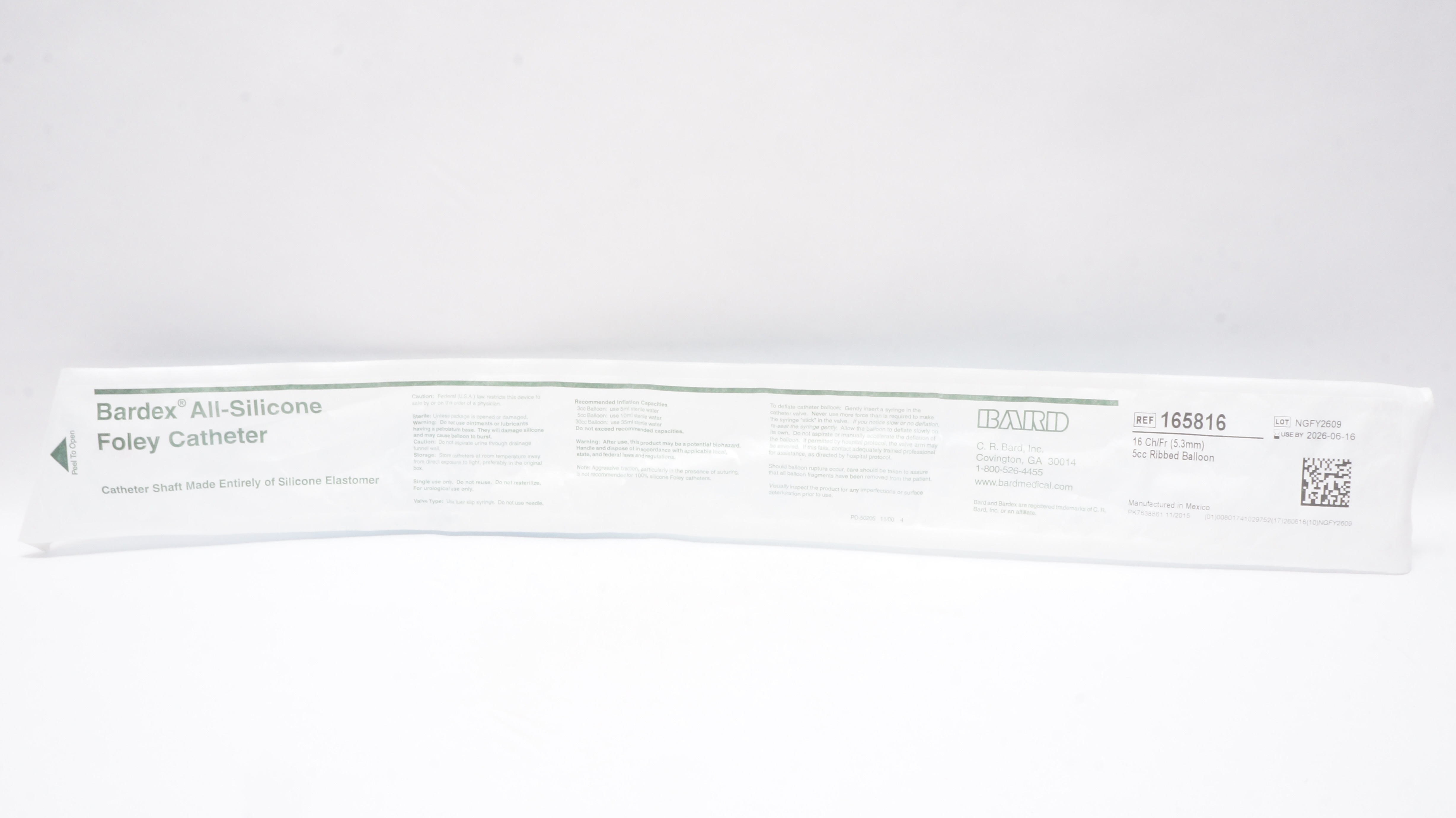 Bard 165816 Bardex All-Silicone Foley Cath. 16Fr. 5cc Ribbed Balloon