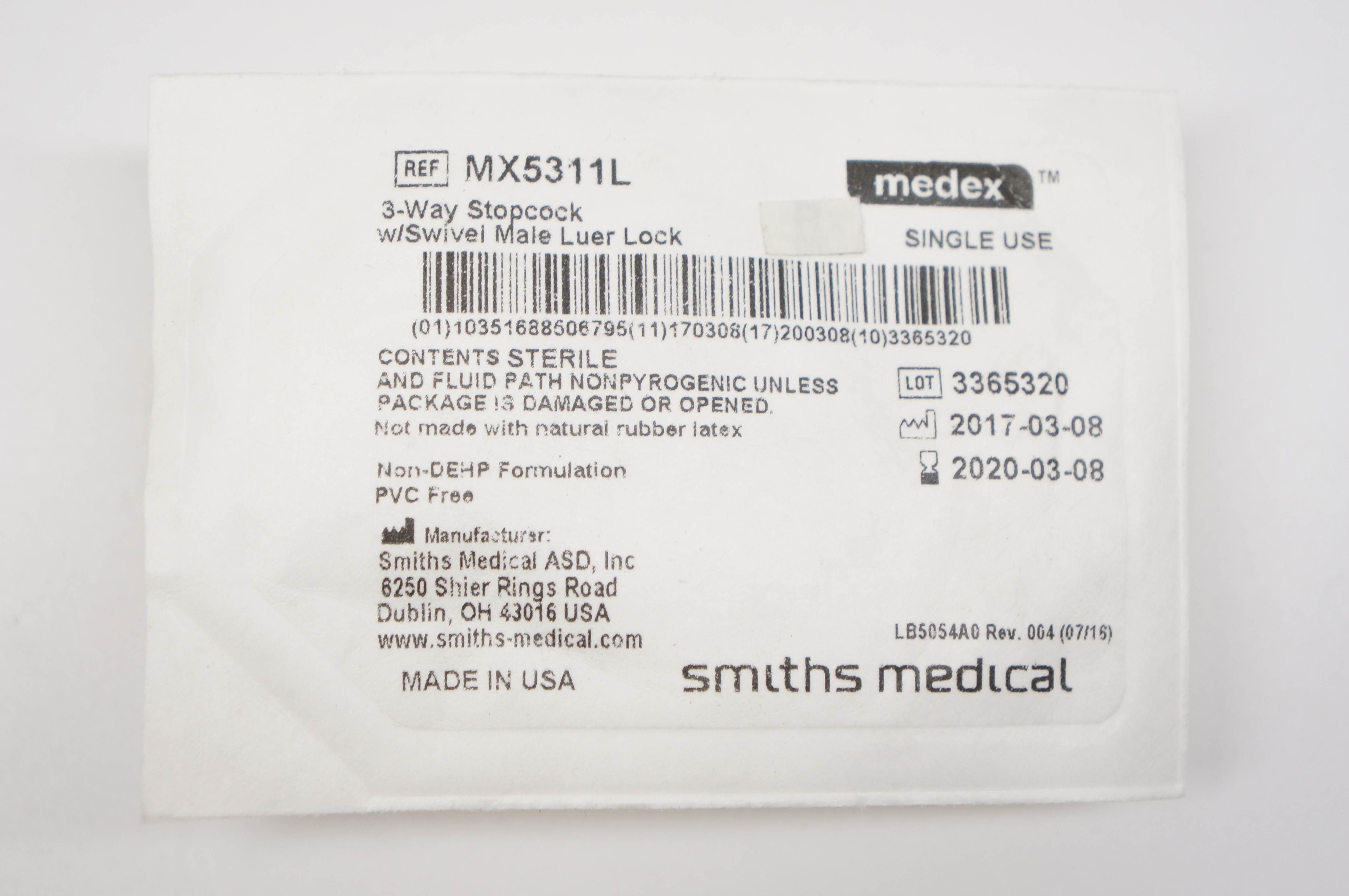 Smiths Medical MX5311L Medex 3-Way Stopcock w/Swivel Male Luer Lock (x)
