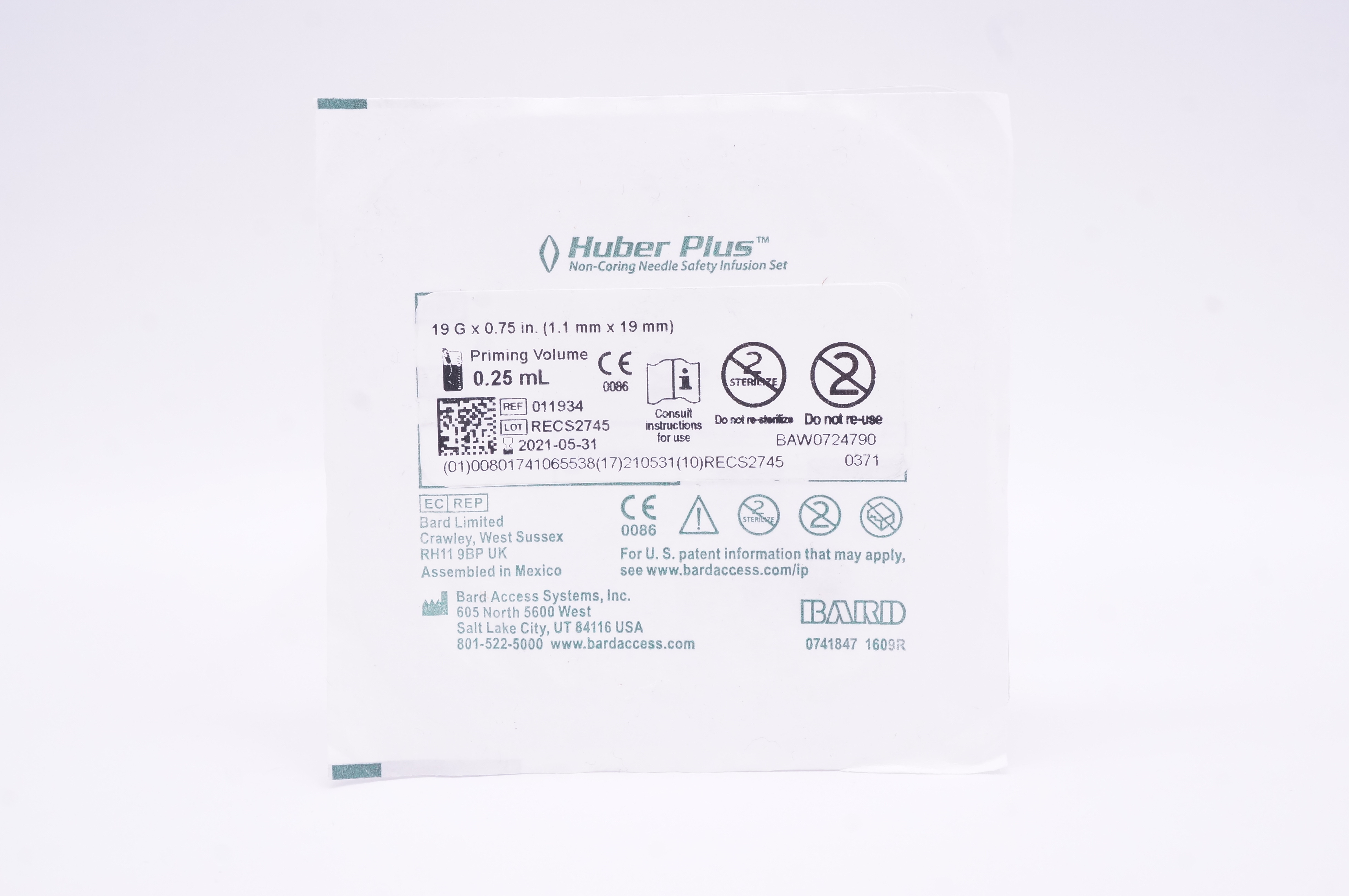 Bard 011934 Huber Plus Non-Coring Ndle Safety Infusion Set 19G x 0.75 inch