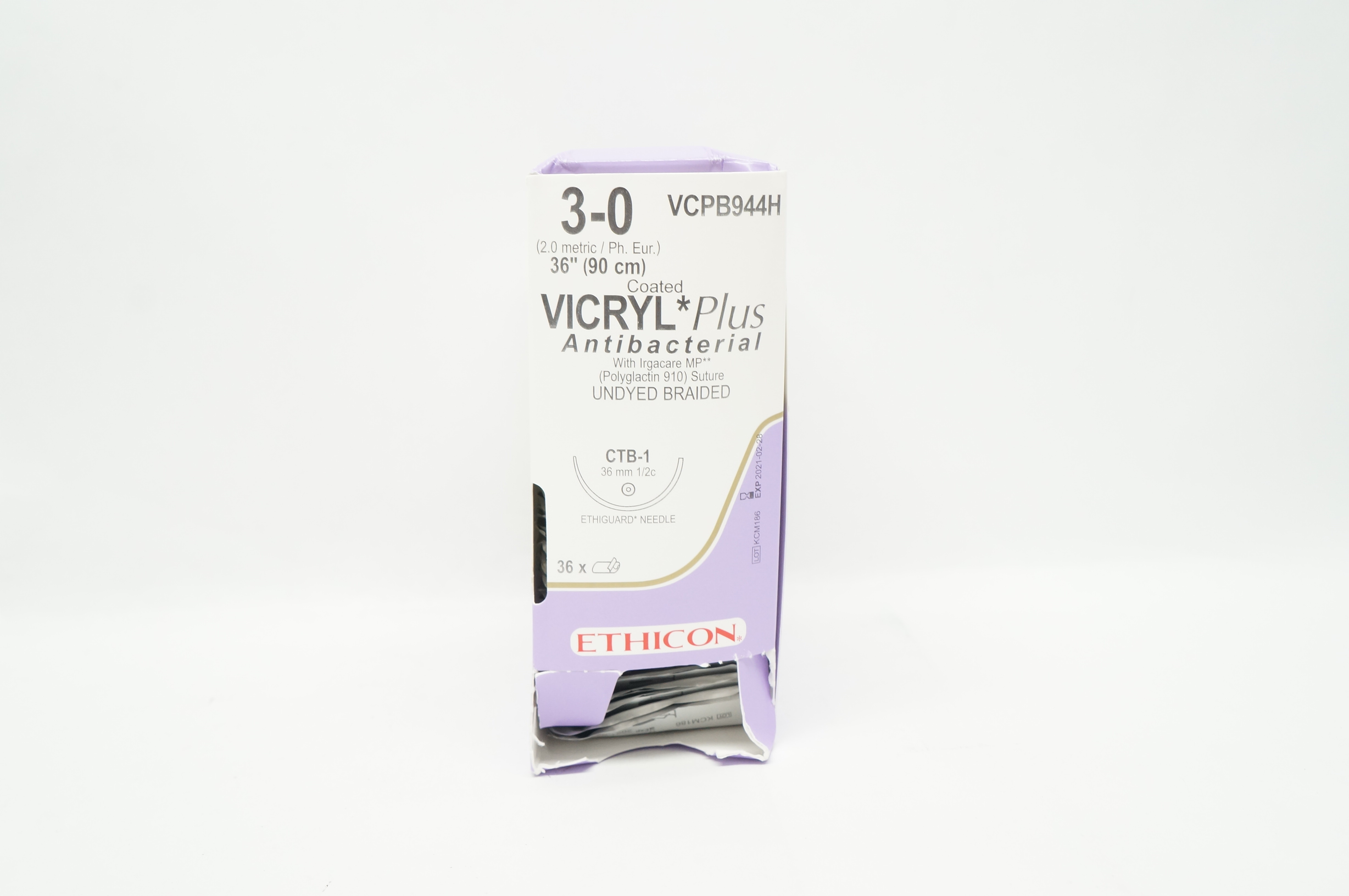 Ethicon VCPB944H 3-0 Coated Vicryl Plus Antibacterial CTB-1 36mm 1/2c 36inch - Box of 12 (x)