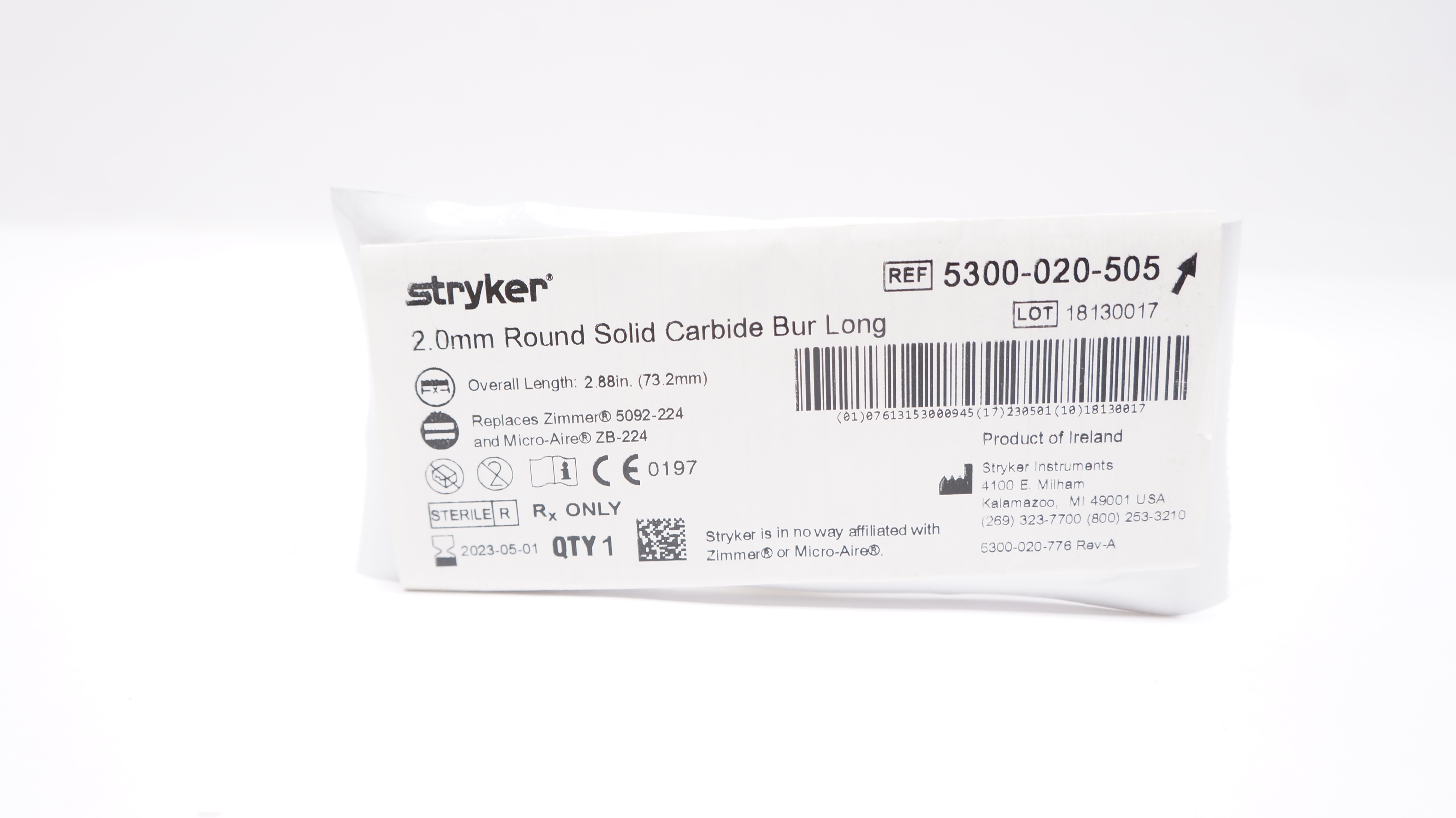 Stryker 5300-020-505 Round Solid Carbide Bur,  Long 2.0mm (x)