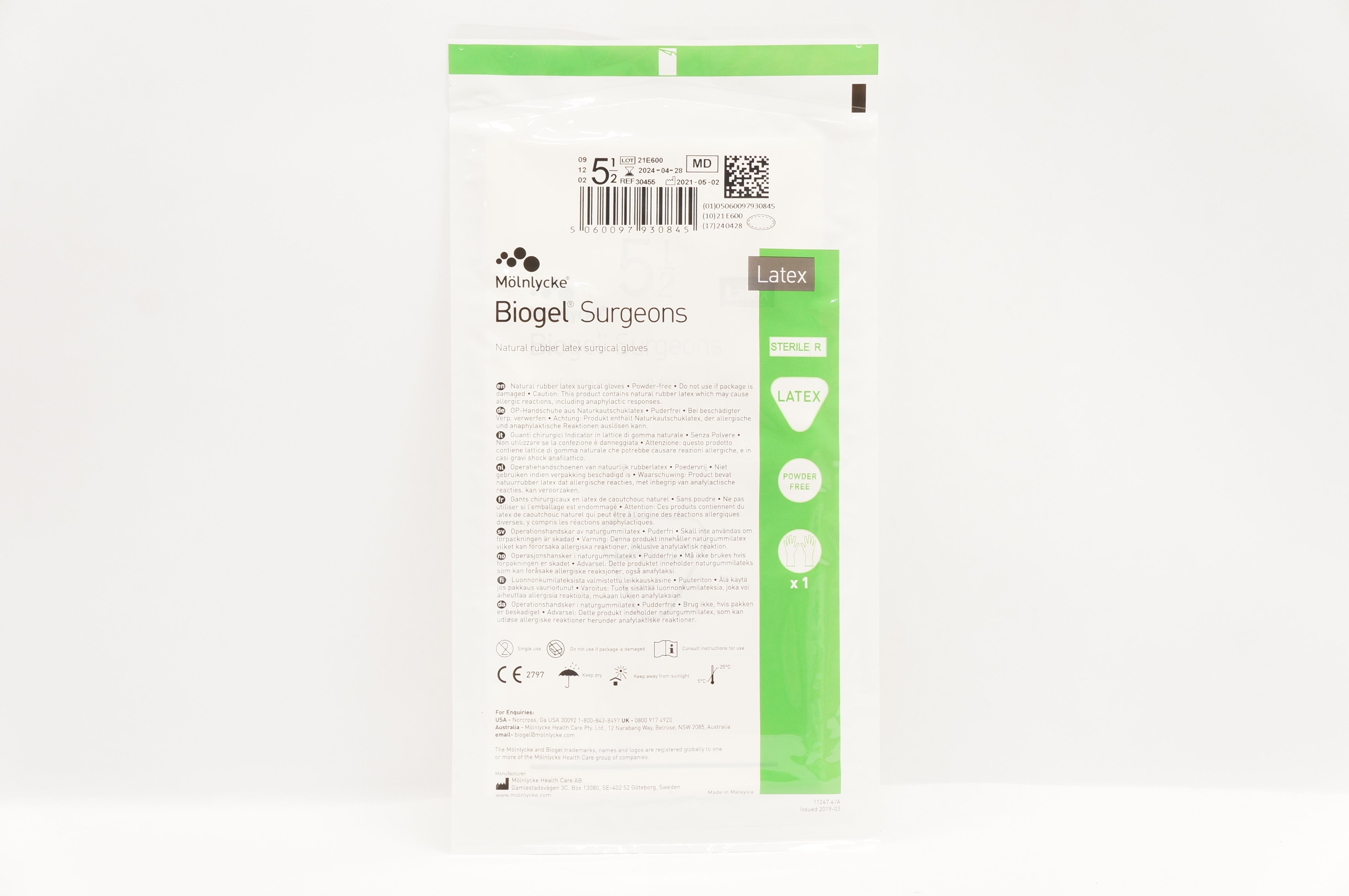Molnlycke Healthcare 30455 Biogel Susgeons Rubber Latex Surgical Gloves 5-1/2