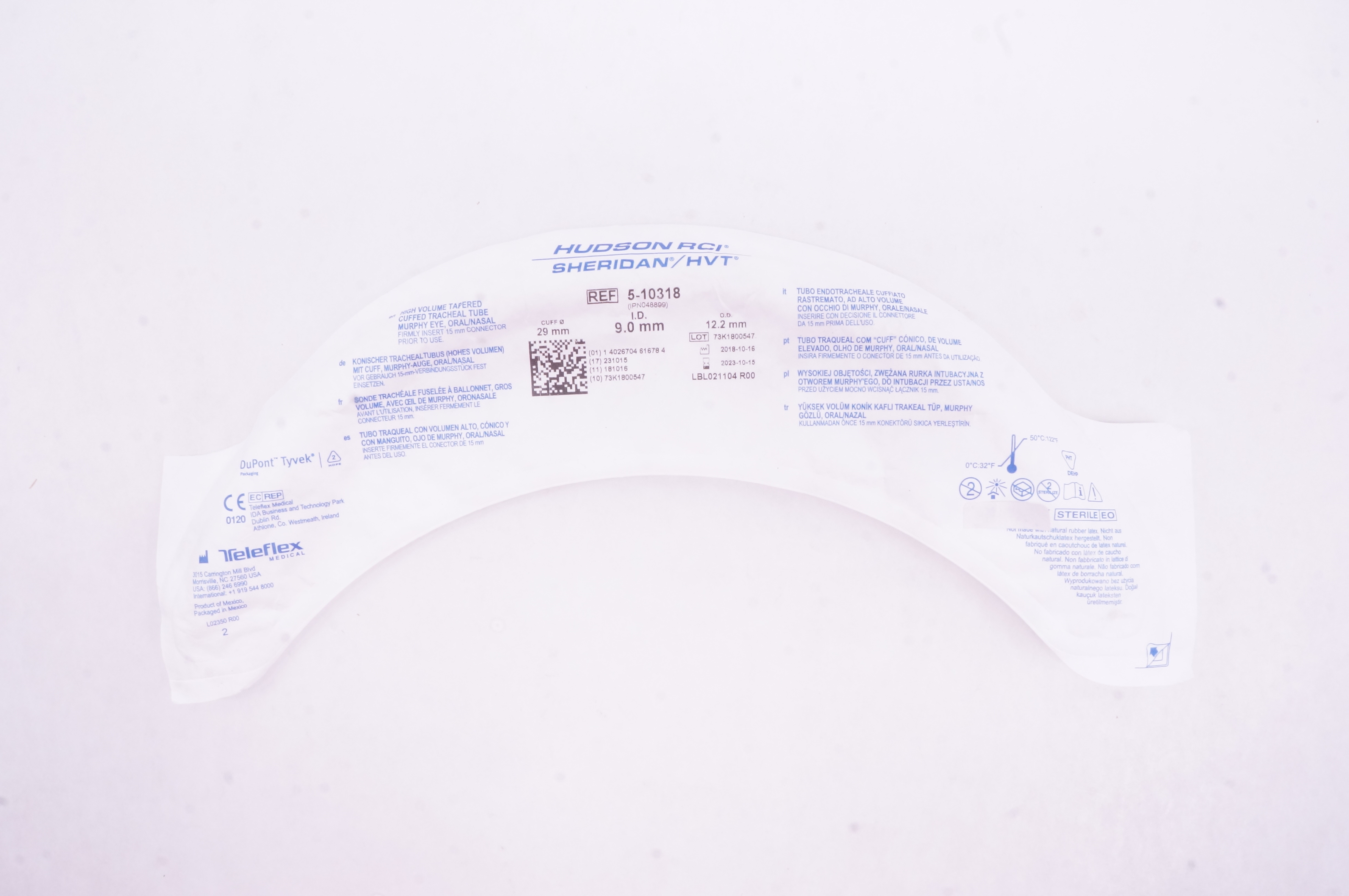 Teleflex 5-10318 Hudson RCI Sheridan Cuffed Tracheal Tube 9.0 x 12.2 x 29mm