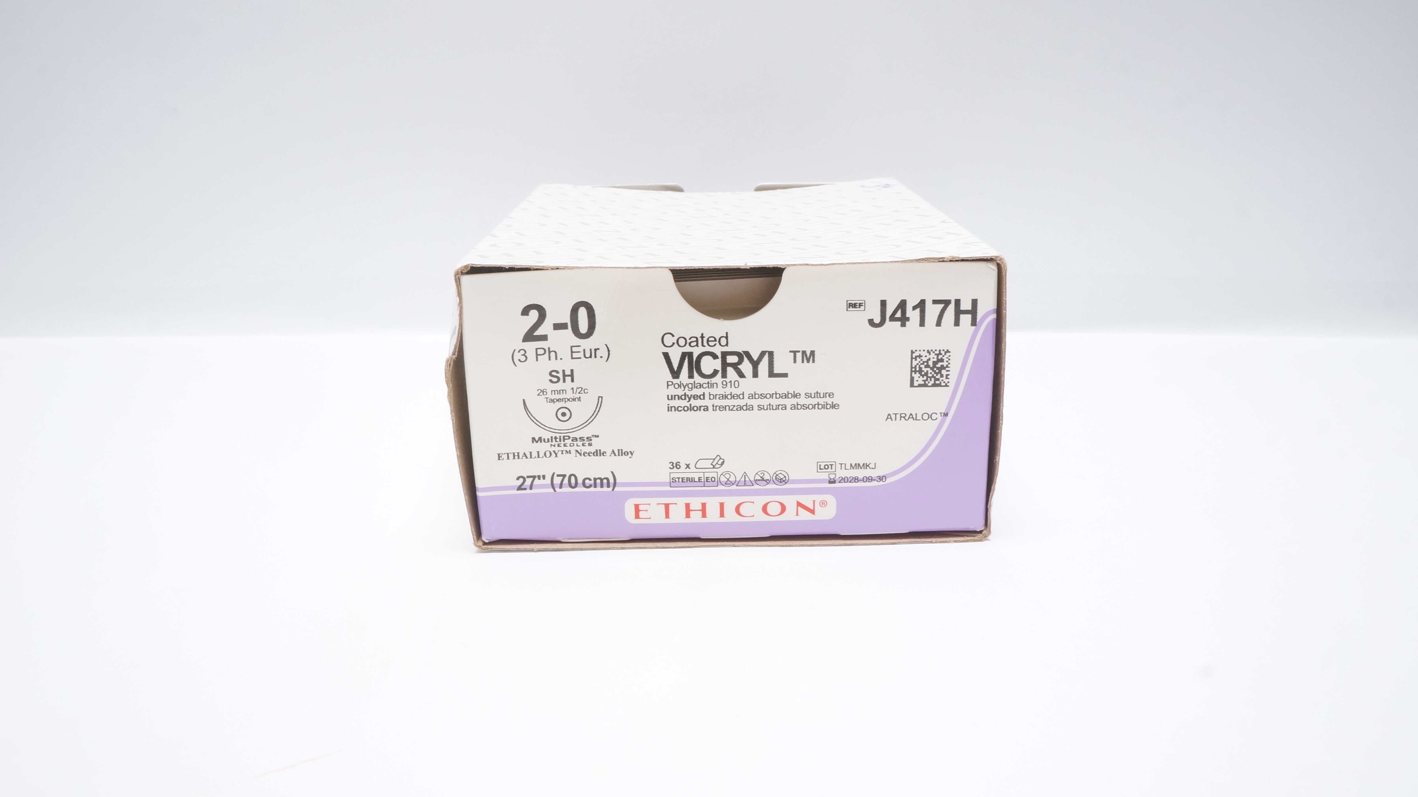 Ethicon J417H 2-0 COATED VICRYL 27inch Stre,w/SH 26mm Multipass Ndle.- Box of 34