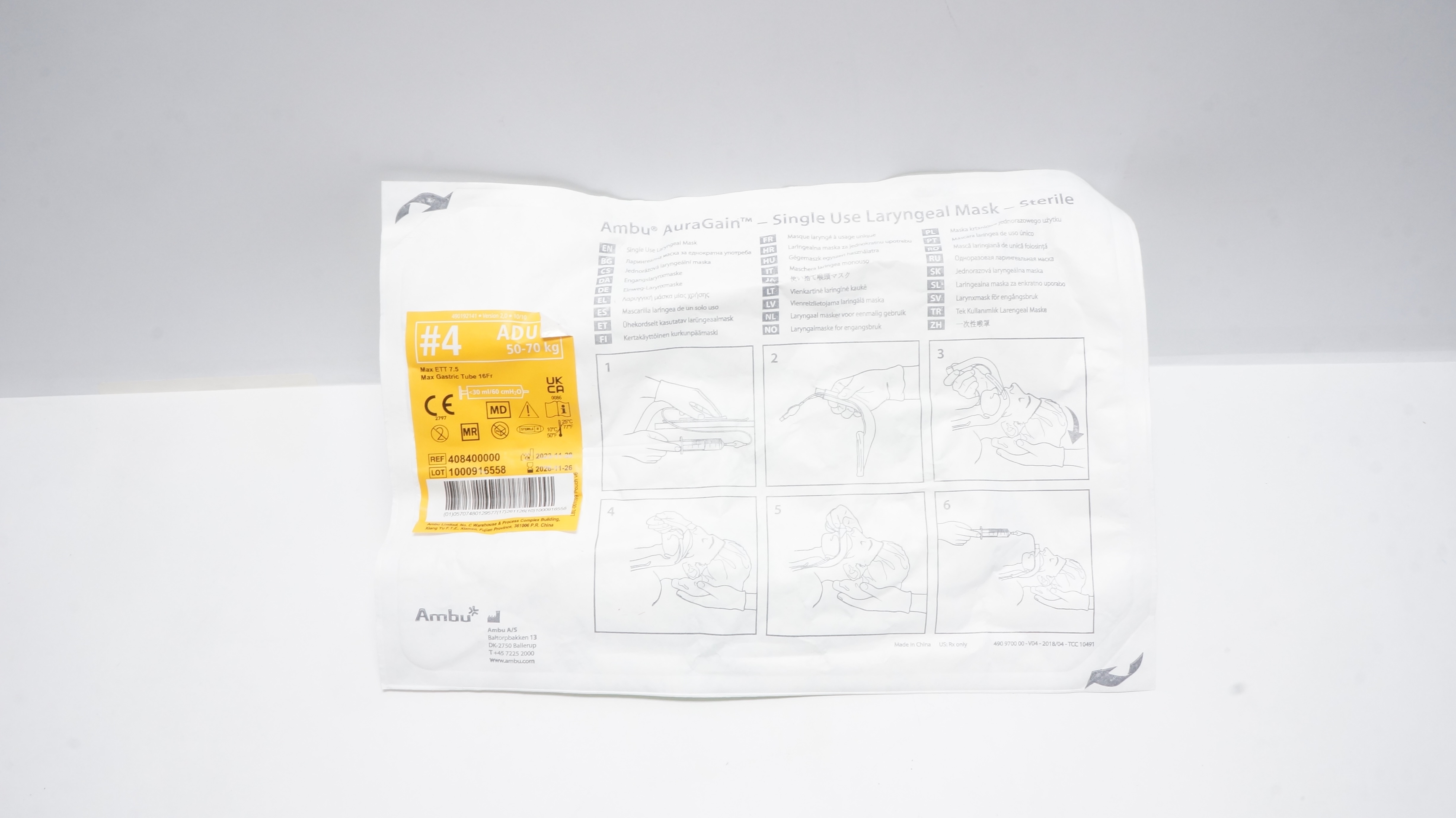 AMBU 408400000 AuraGain Single Use Laryngeal Mask #4 50-70kg, <30ml/60cm H2O