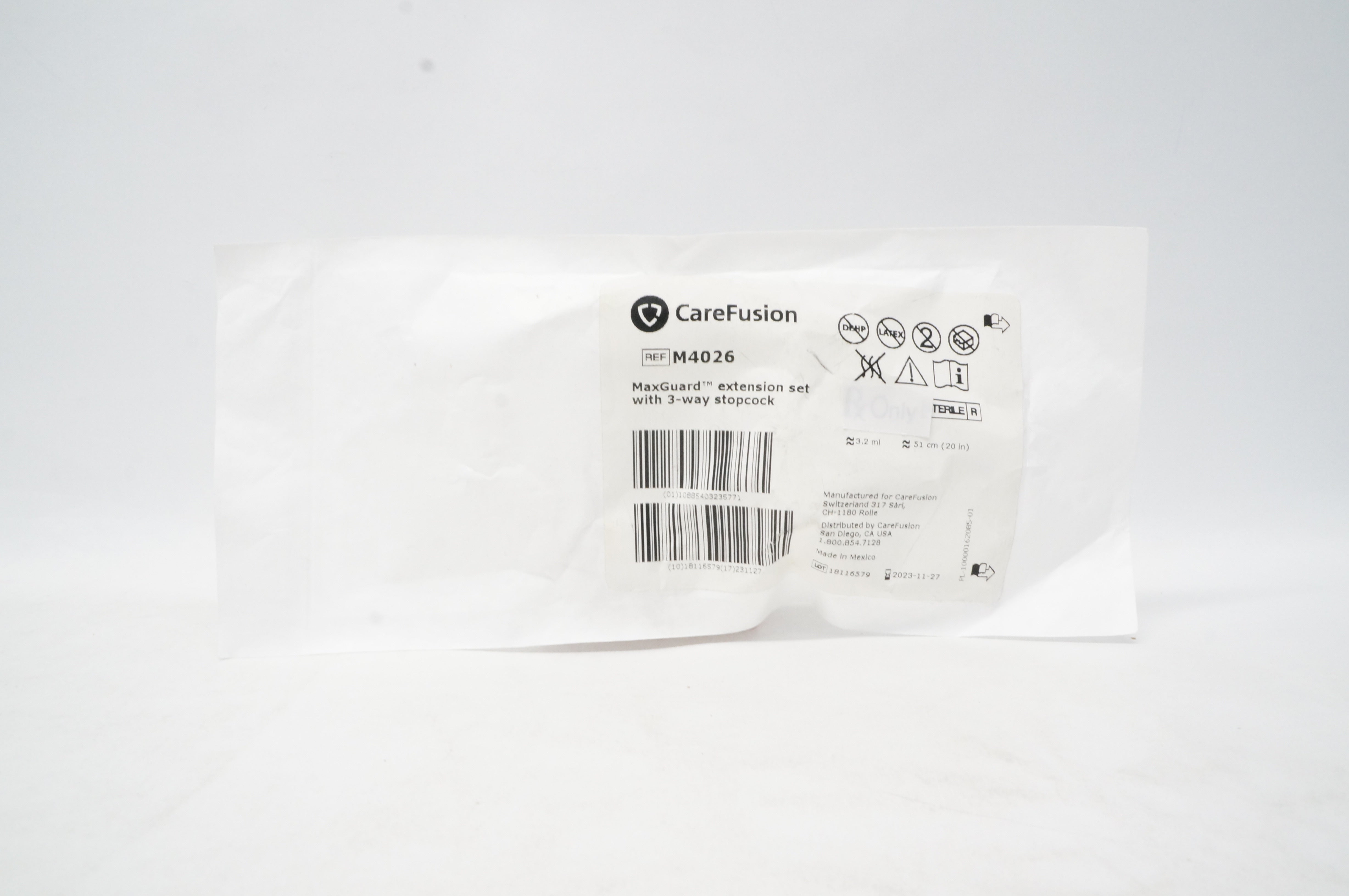 CareFusion M4026 MaxGuard Extension Set with 3-Way Stopcock 20inch