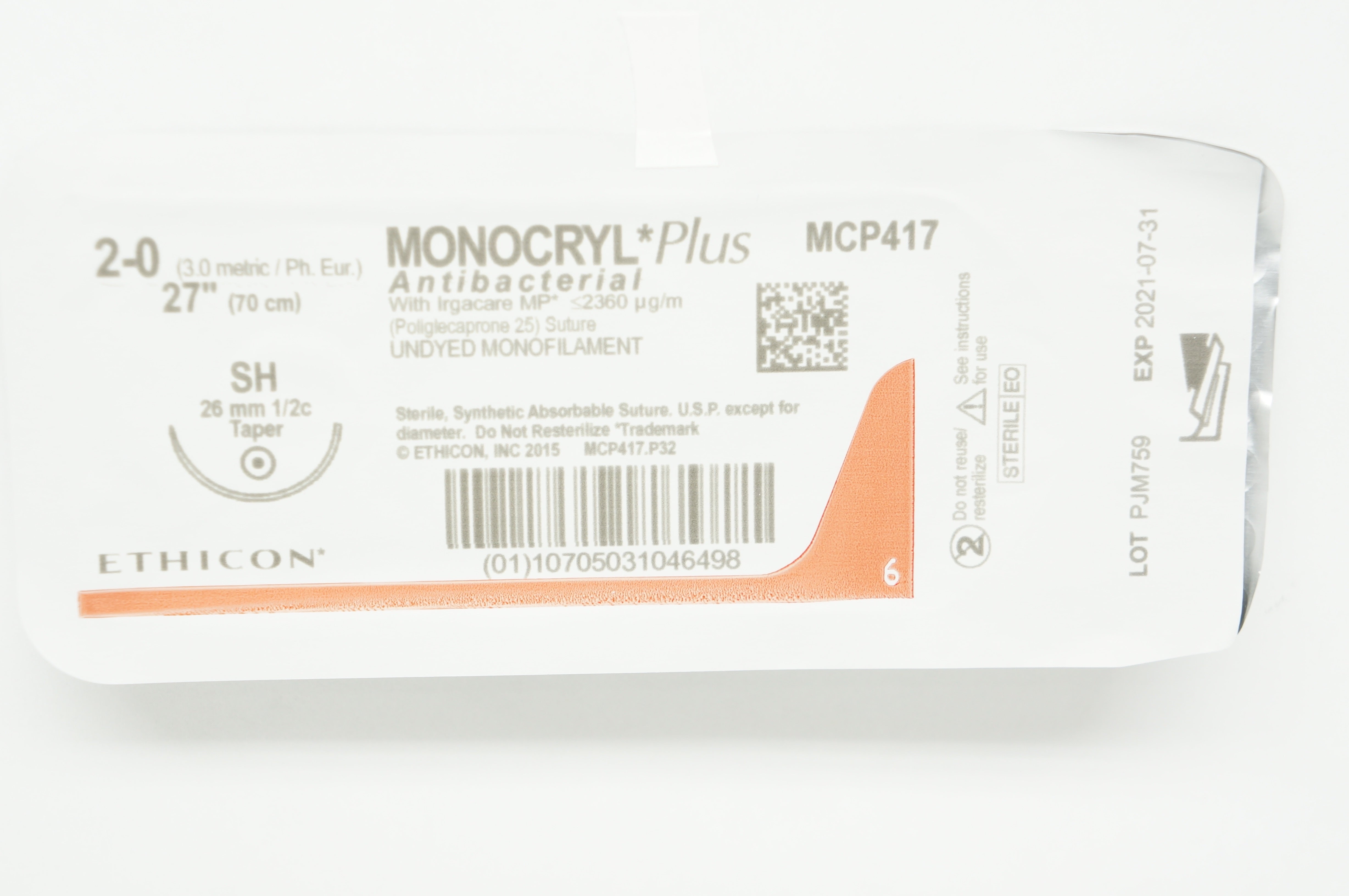 Ethicon MCP417 2-0 Monocryl Plus Stre SH 26mm 1/2c Taper 27inch (x)