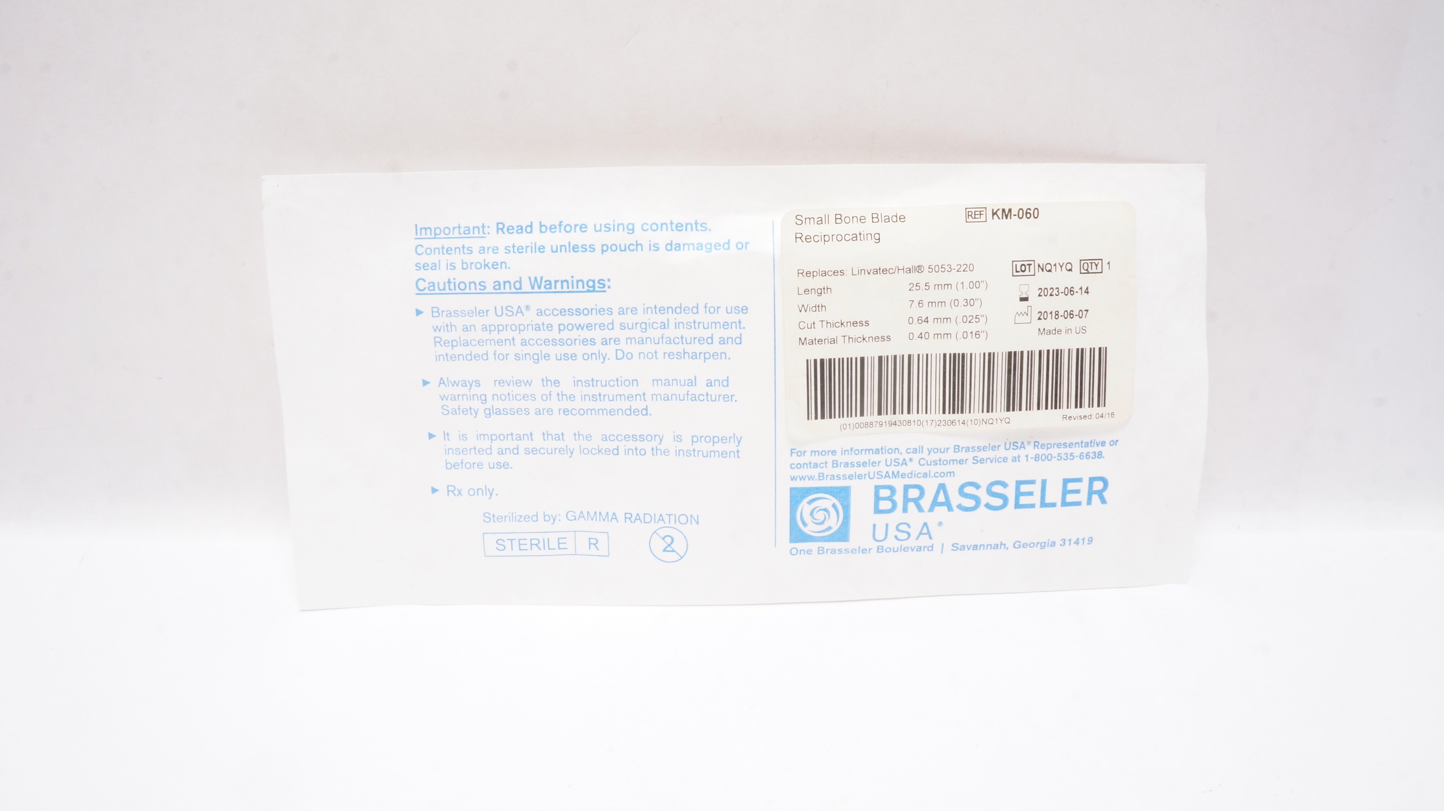 Brasseler KM-060 Small Bone Blade Reciprocating 1.00 x 0.30 x .025 x .016inch(x)