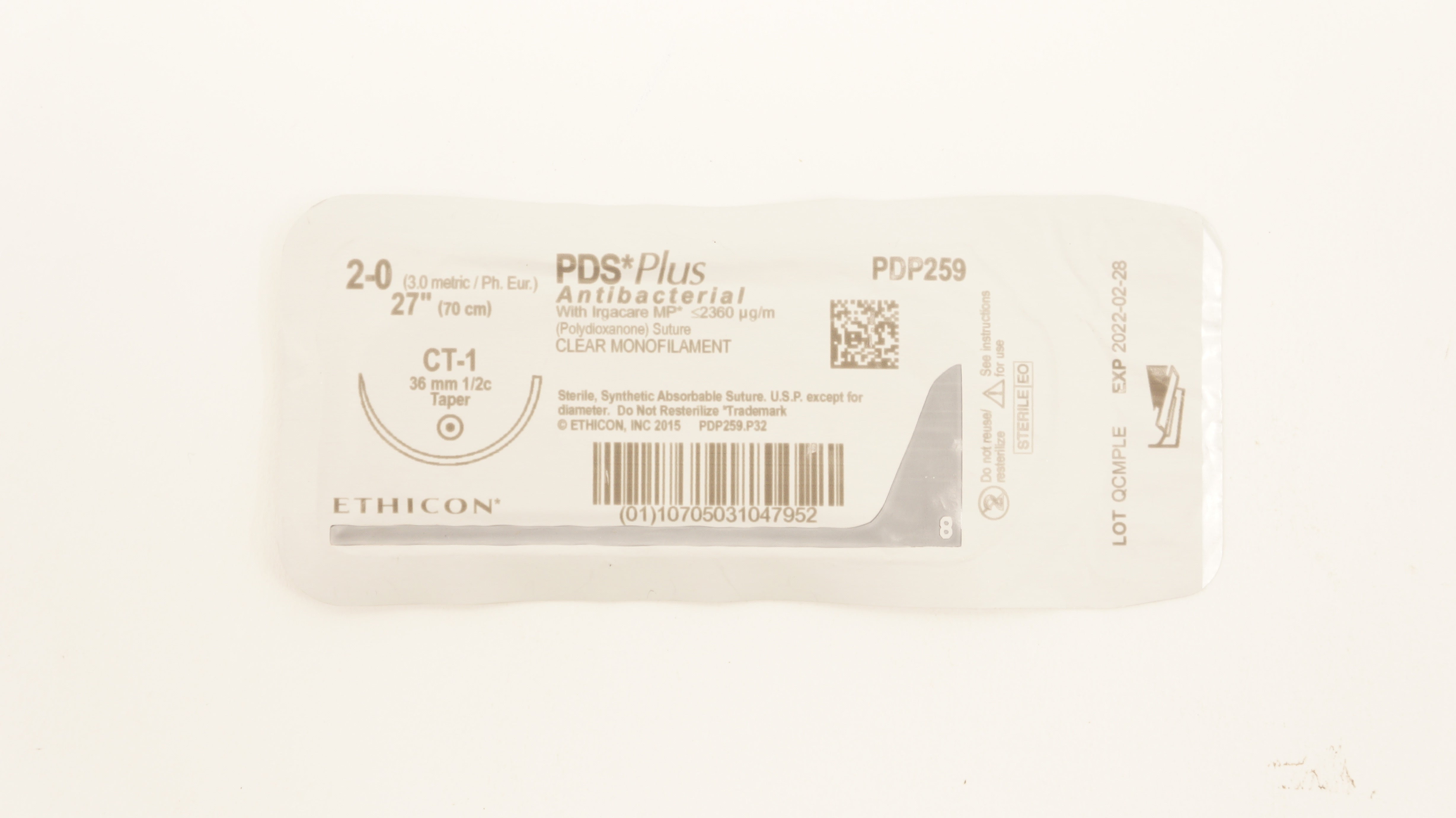 Ethicon PDP259 2-0 PDS Plus CT-1 36mm 1/2c Taper 27inch
