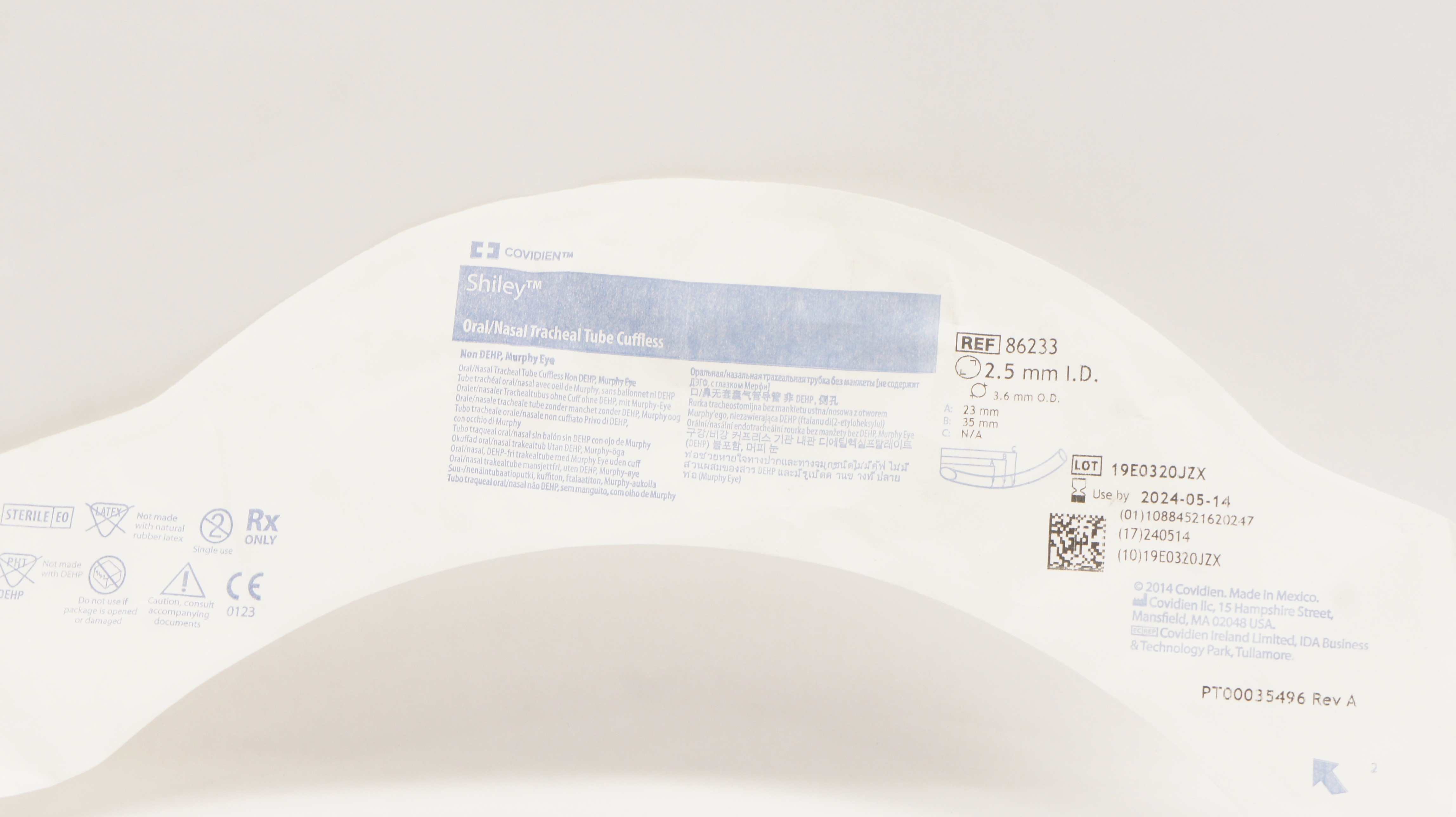 Covidien 86233 Shiley Oral/Nasal Tracheal Tube Cuffless 2.5mm I.D. x 3.6mm O.D.