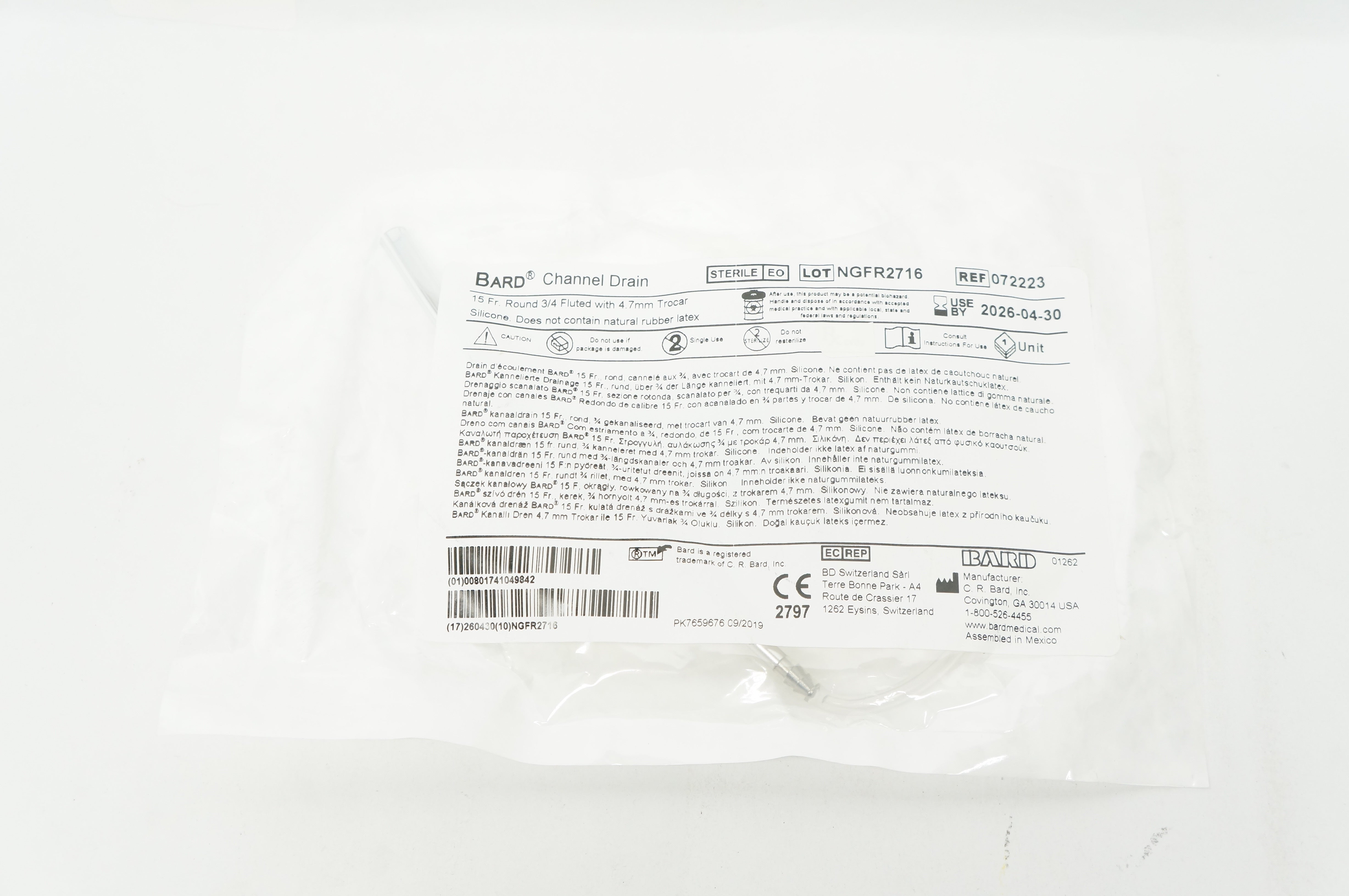 Bard 072223 Channel Drain 15Fr. Round 3/4 Fluted W/ 4.7mm Trocar
