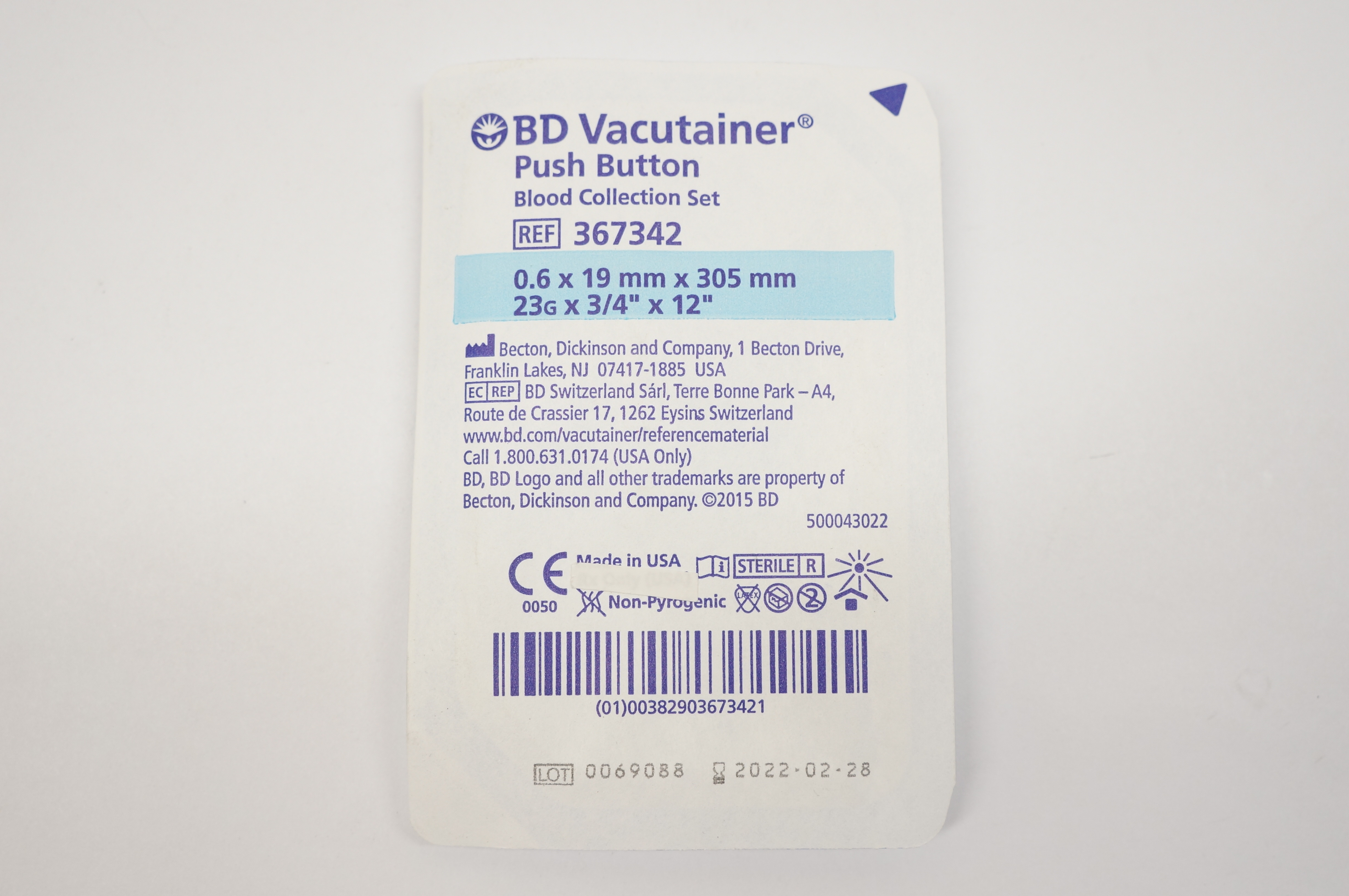 BD 367342 Vacutainer Push Button Blood Collection Set 23G x 3/4inch x 12inch (x)