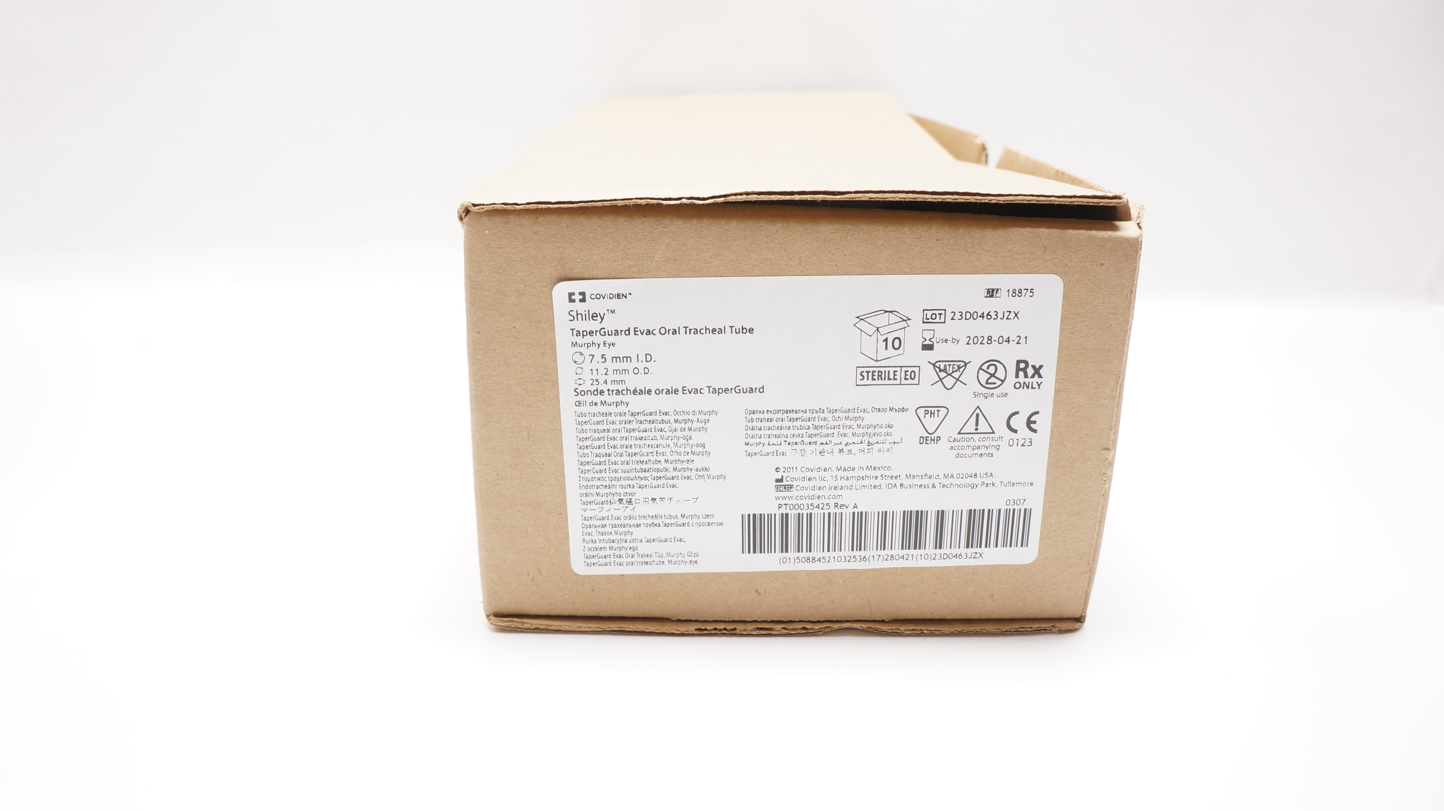 Covidien 18875 Shiley TaperGuard Oral Tracheal Tube 7.5ID x 11.2mmOD  - Box of 6