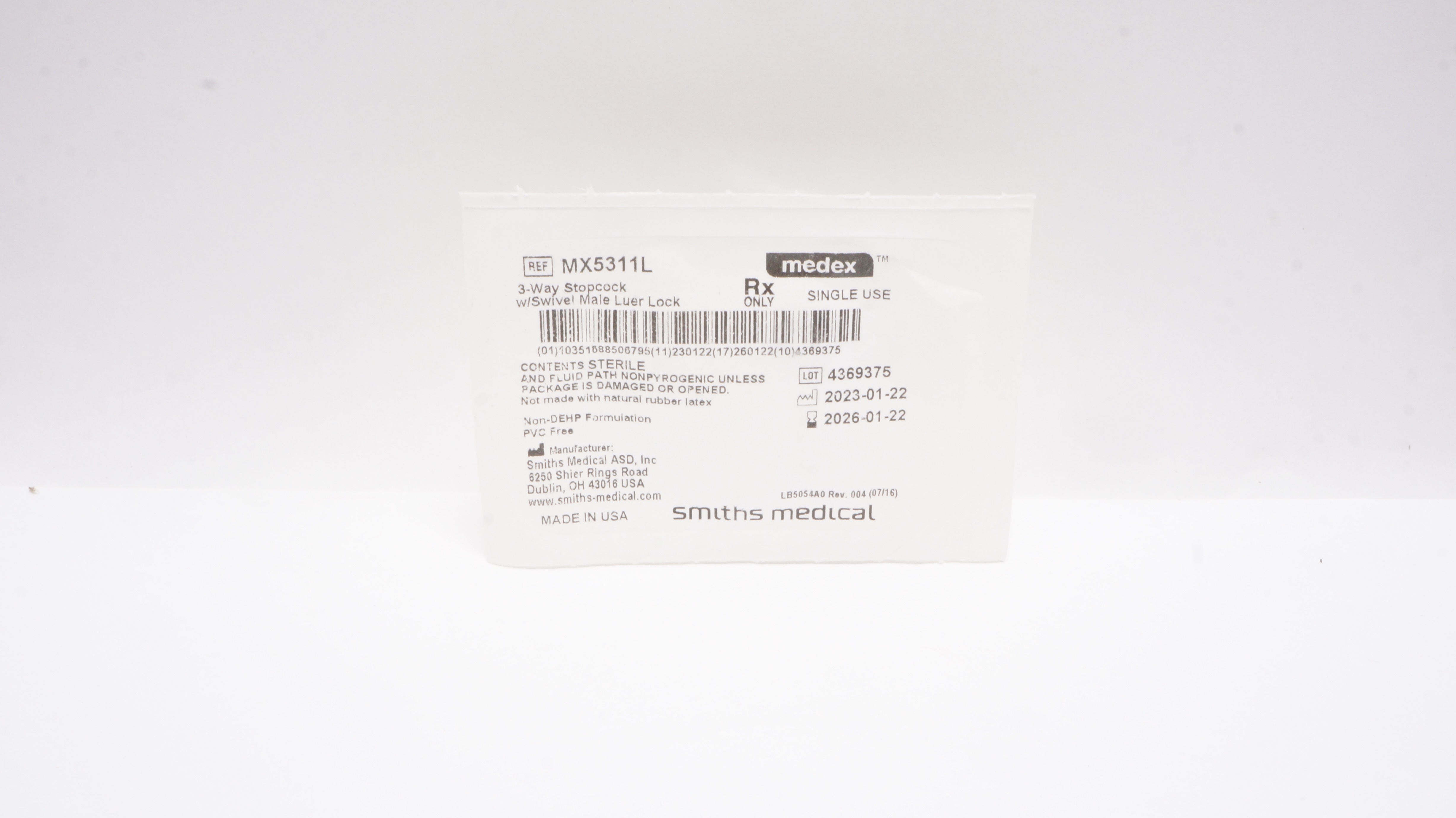 Smiths Medical MX5311L Medex 3-Way Stopcock w/Swivel Male Luer Lock