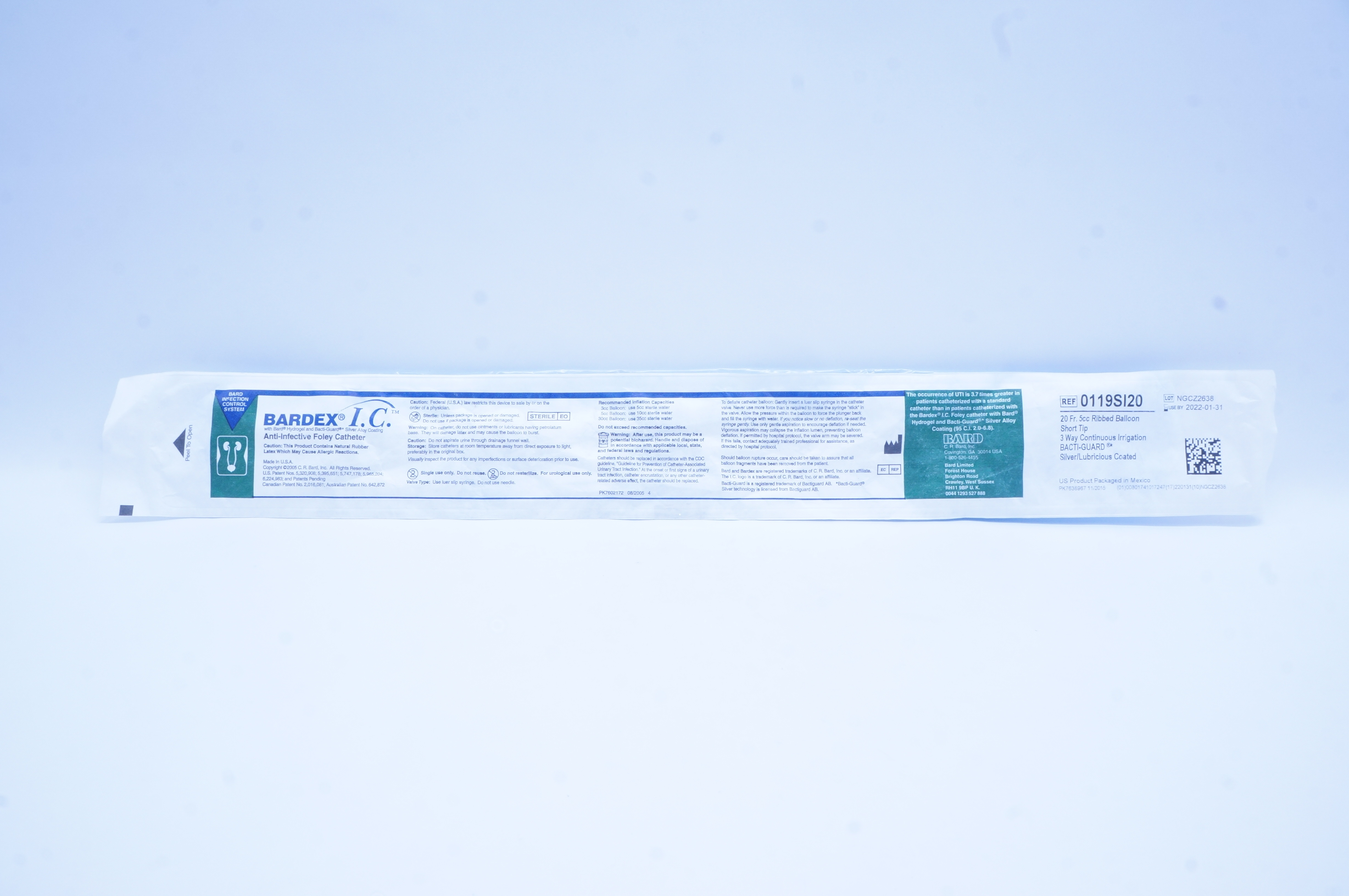 Bard 0119SI20 Bardex I.C. Anti-Infective Foley Cath. 20 Fr x 5cc/mL Balloon