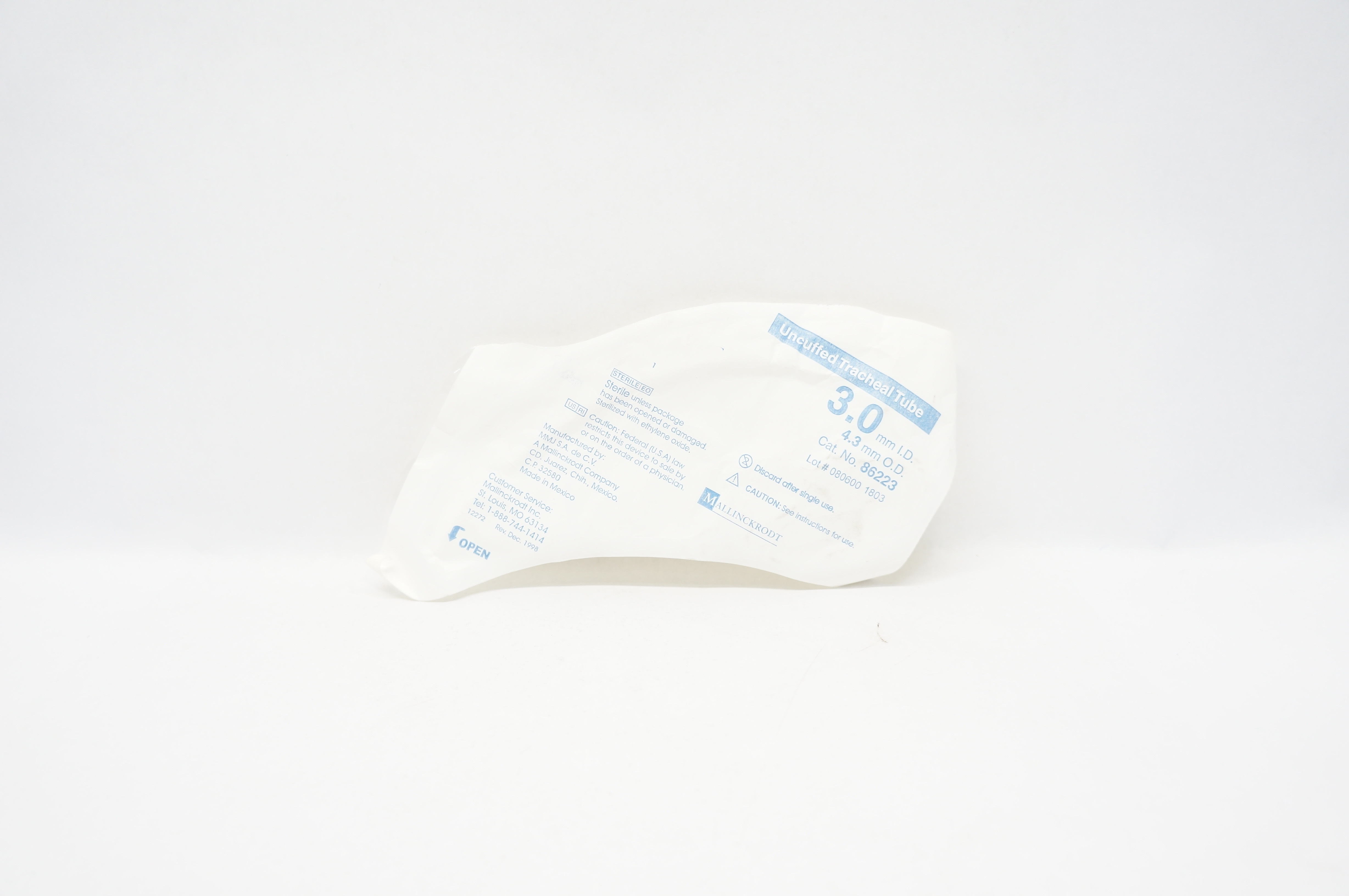 Mallinckrodt 86223 Uncuffed Tracheal Tube 3.0mm ID x 4.3mm OD (x)