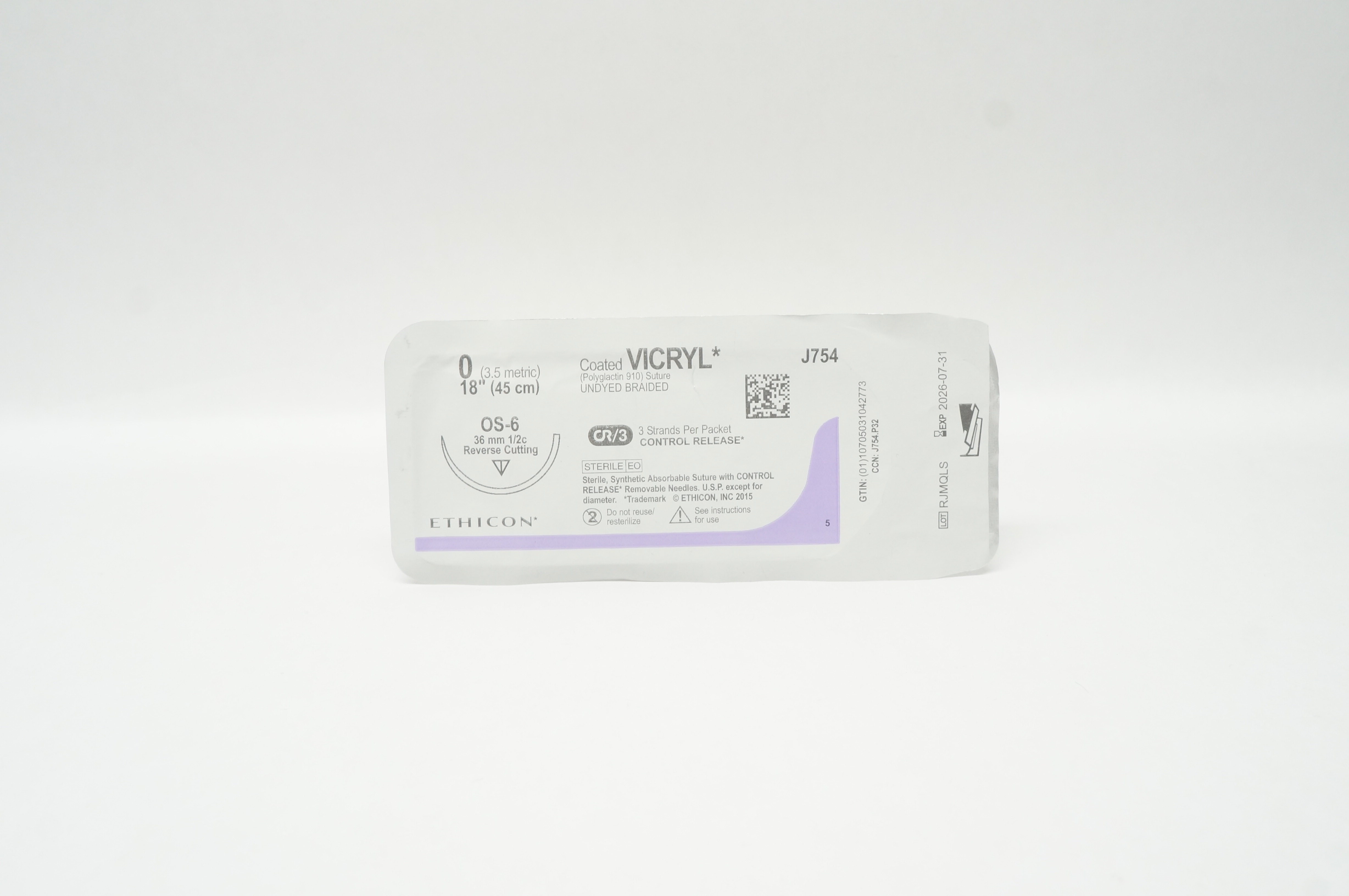 Ethicon J754 0 Coated VICRYL Stre OS-6, 36mm 1/2c Reverse Cutting, 18inch
