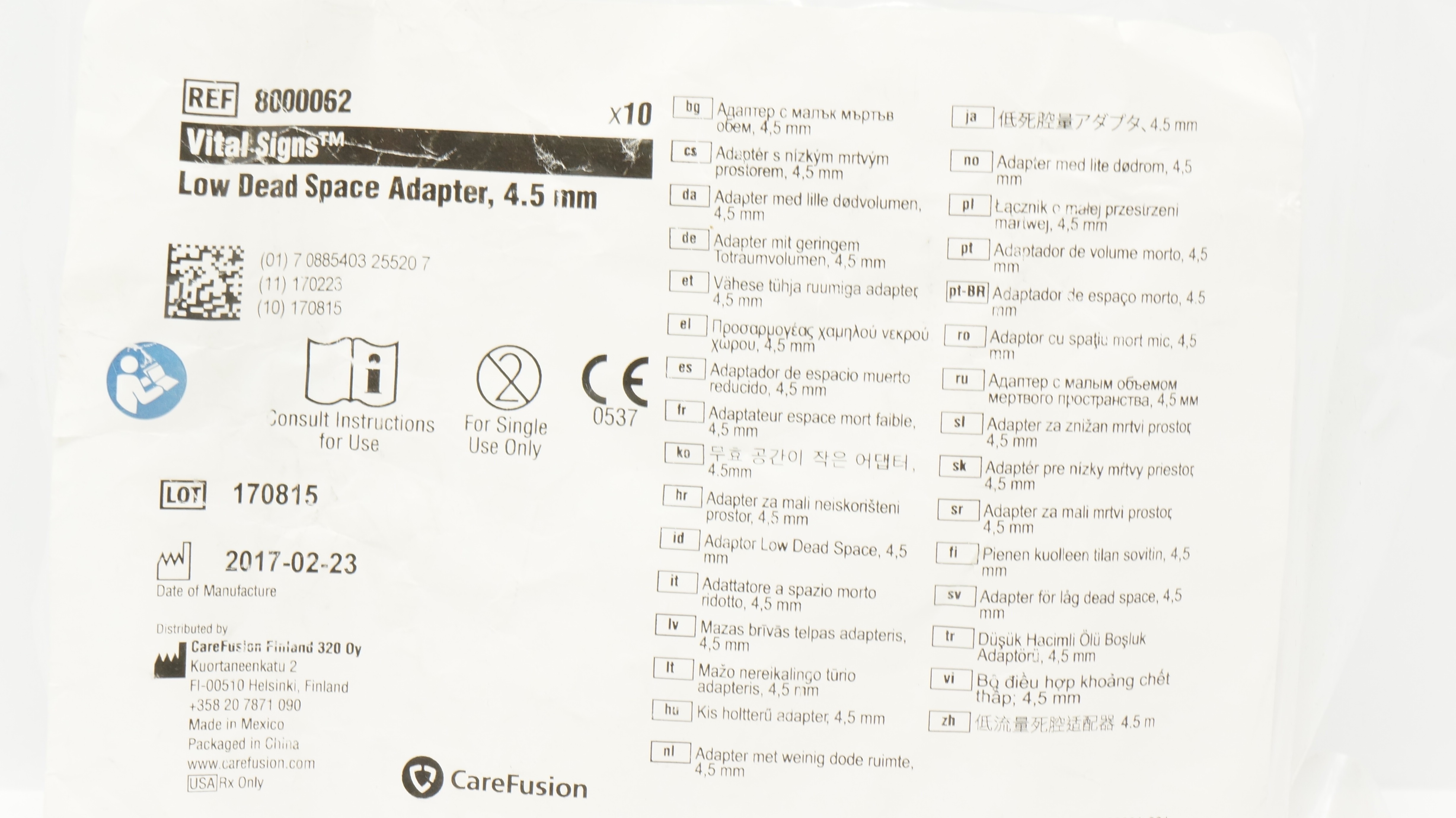 CareFusion 8000062 Vital Signs Low Dead Space Adapter 4.5mm Pack of 10