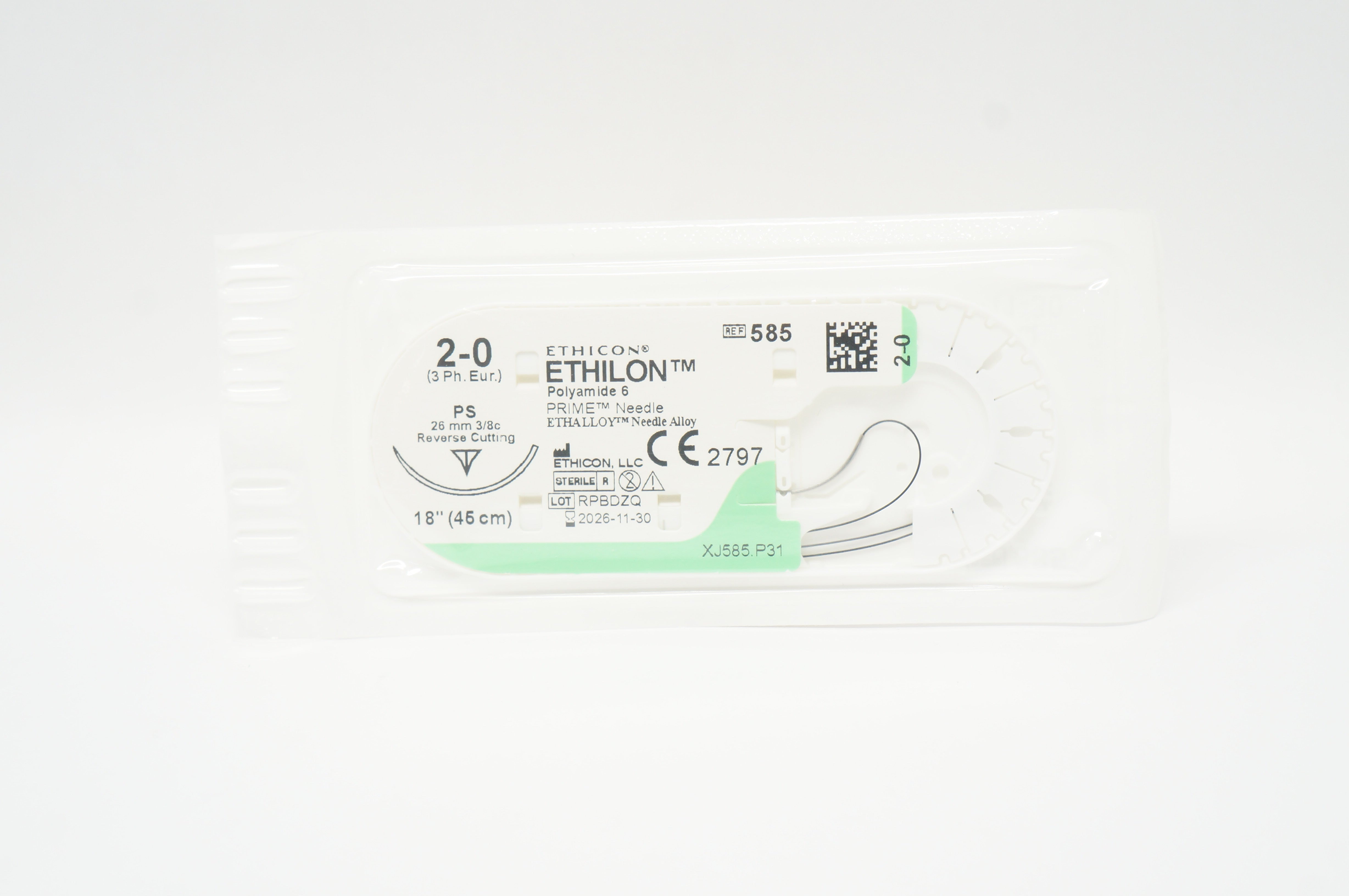 Ethicon 585 2-0 ETHILON Non-Absorbable Stre PS 26mm 3/8c Reverse Cutting, 18inch