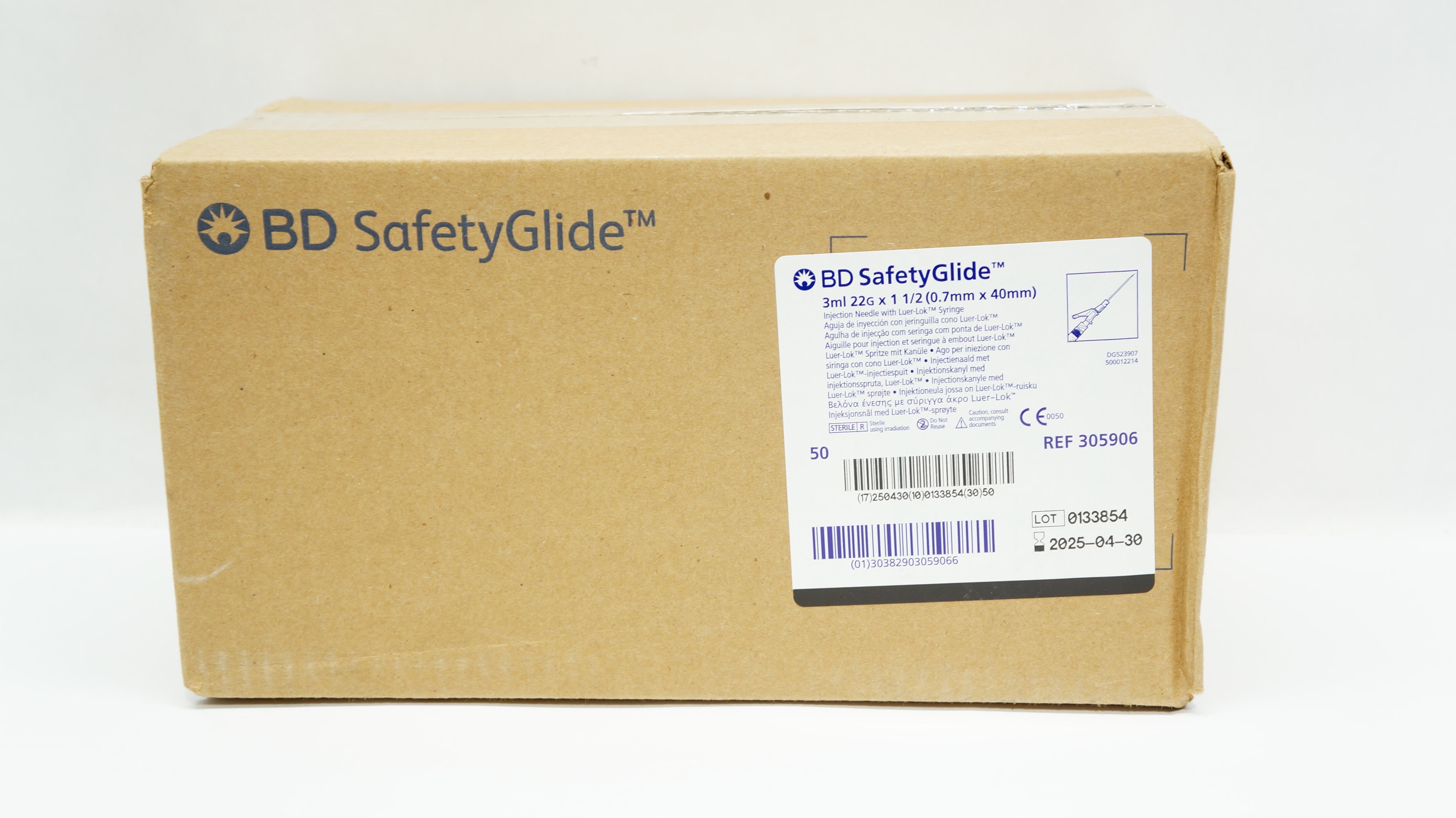 BD 305906 SafetyGlide Injection Ndle 3ml 22G x 1 1/2 - Box of 50