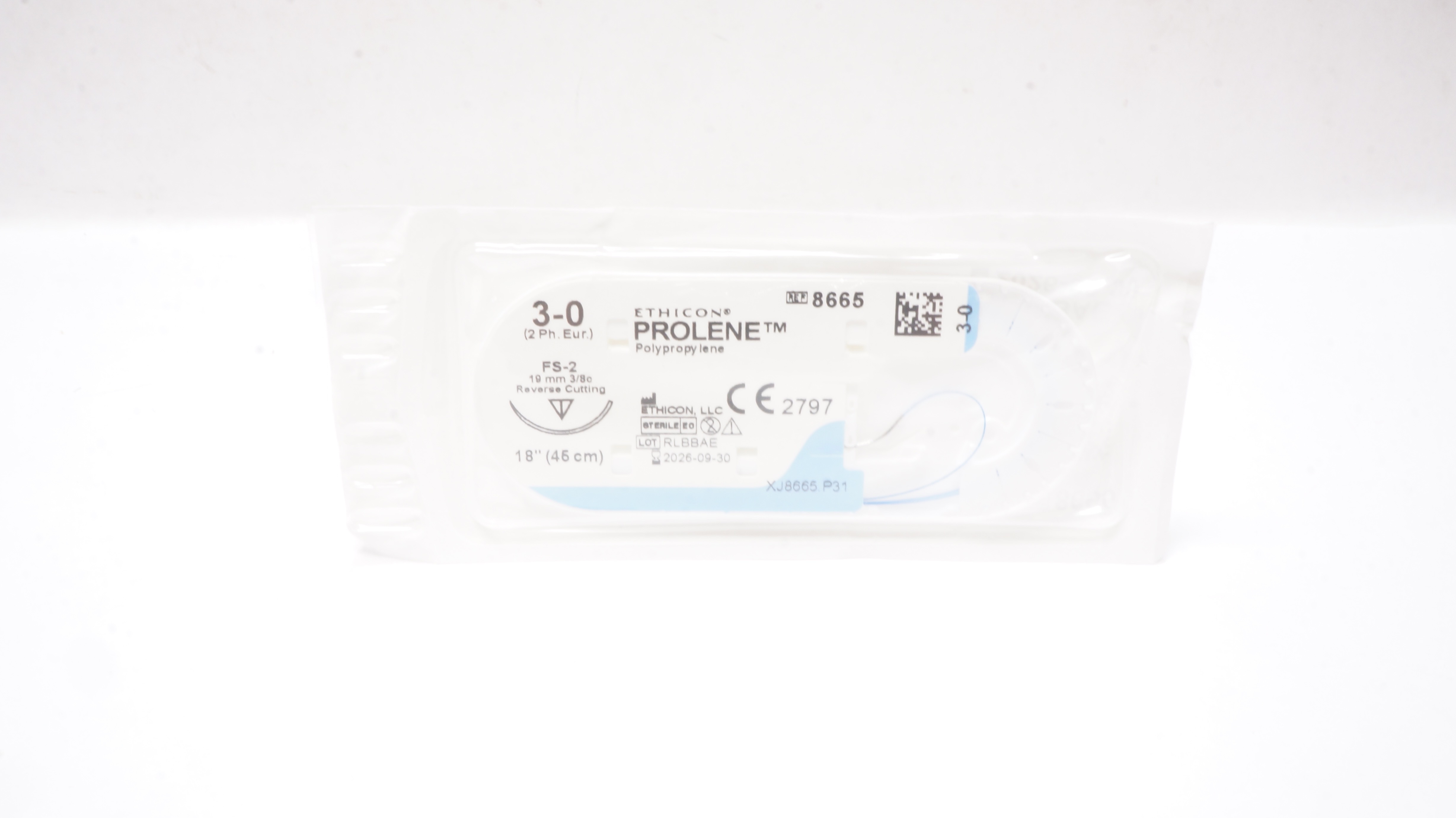 Ethicon 8665 3-0 PROLENE, FS-2, 19mm 3/8c Reverse Cutting, 18inch