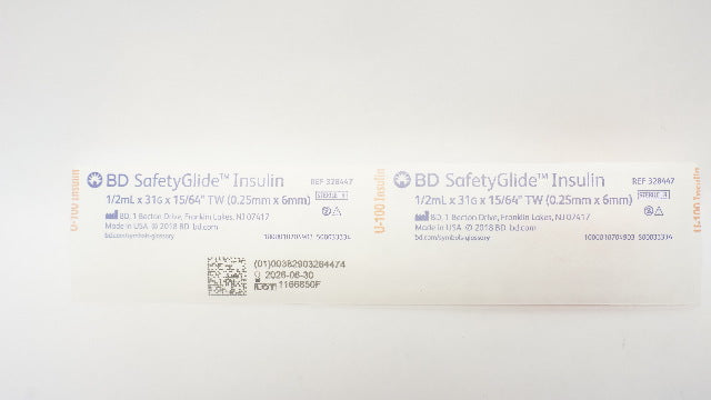 BD 328447 SafetyGlide Insulin Syringe 1/2mL x 31G x 15/64inch TW